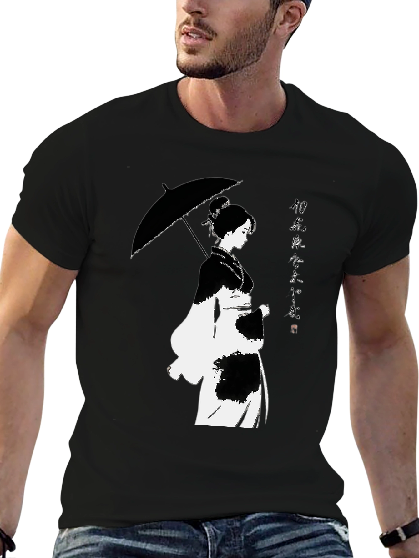 Black T-Shirt with Japanese Woman Umbrella Design