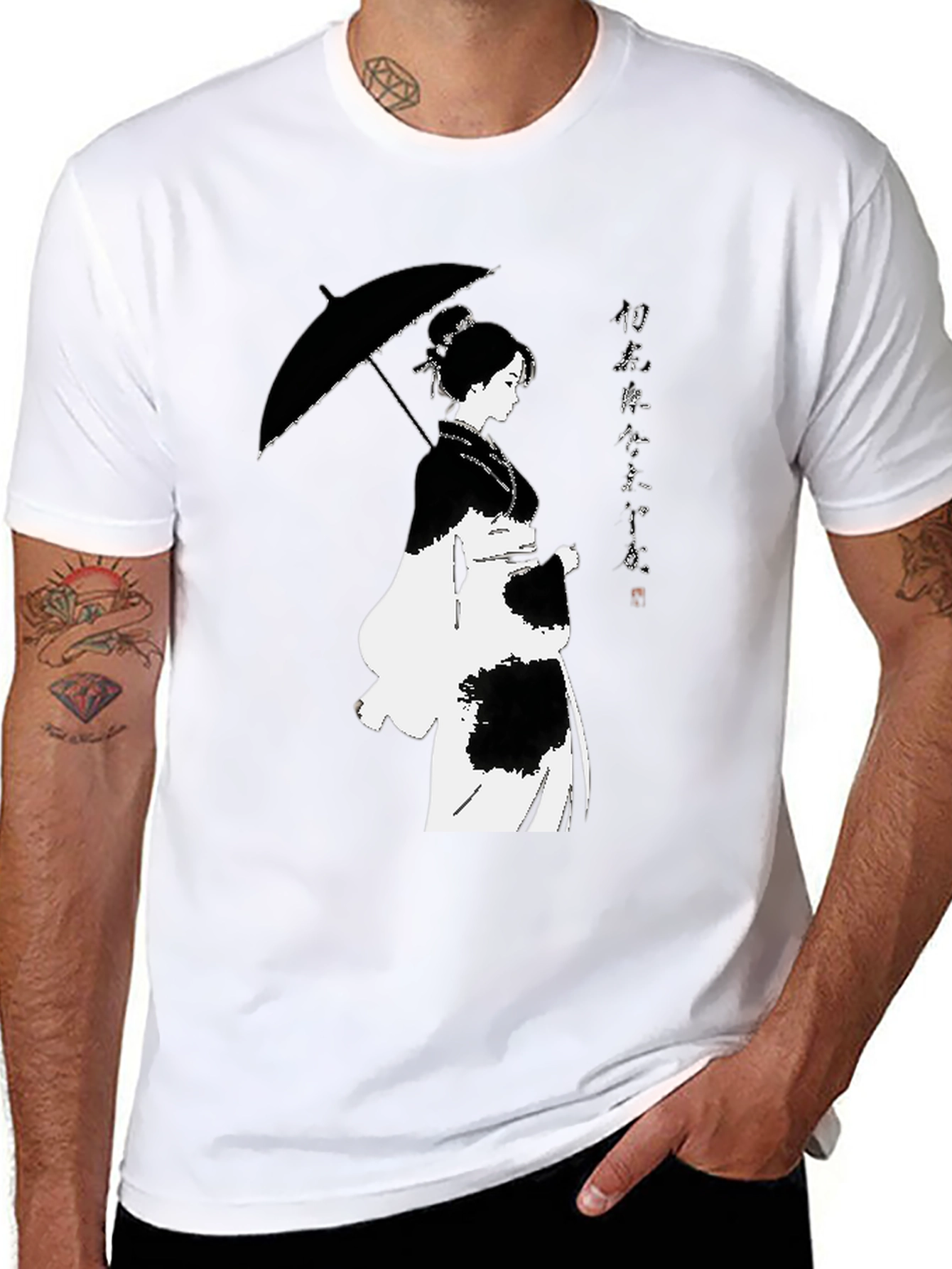 Black T-Shirt with Japanese Woman Umbrella Design