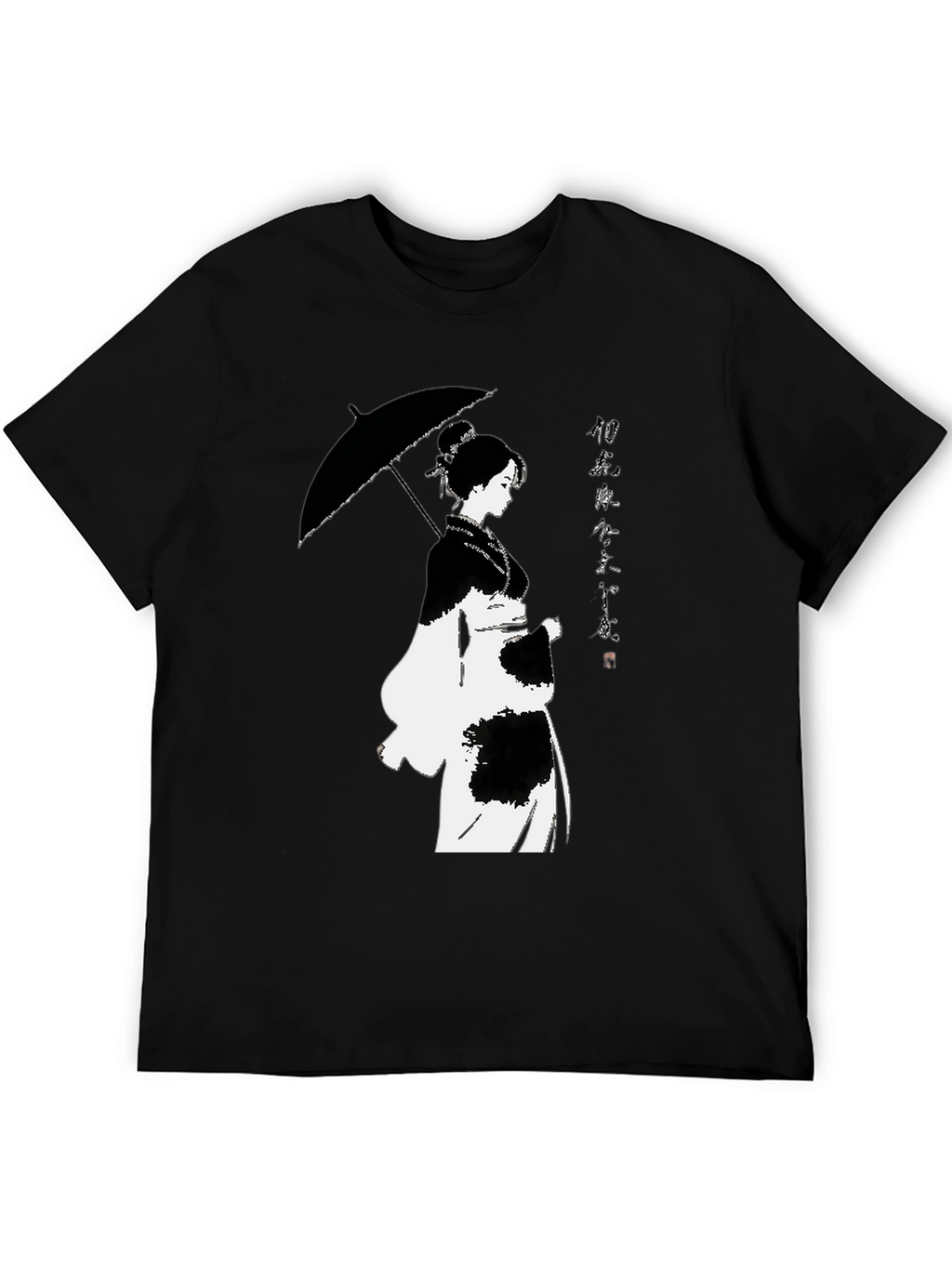 Black T-Shirt with Japanese Woman Umbrella Design