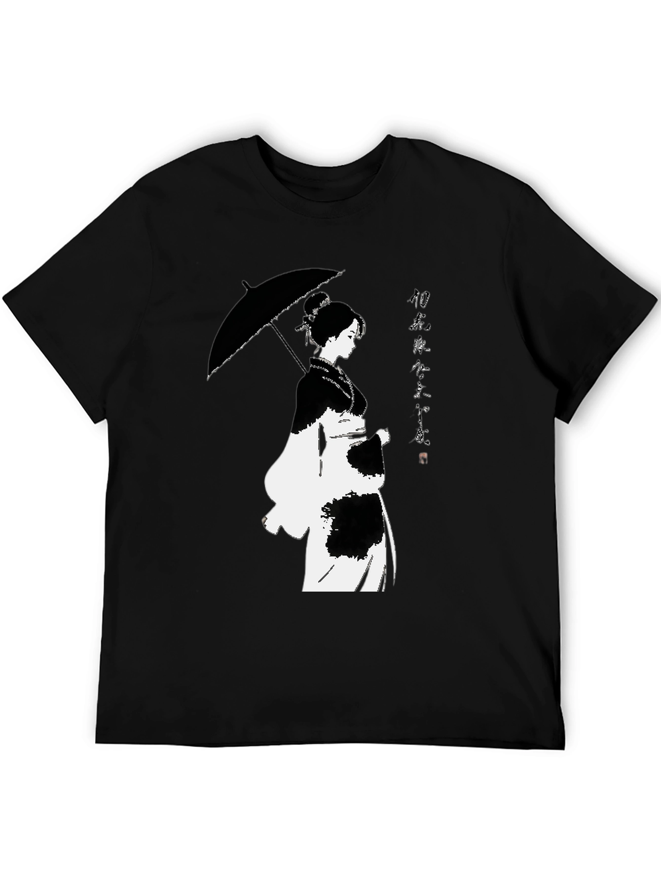 Black T-Shirt with Japanese Woman Umbrella Design