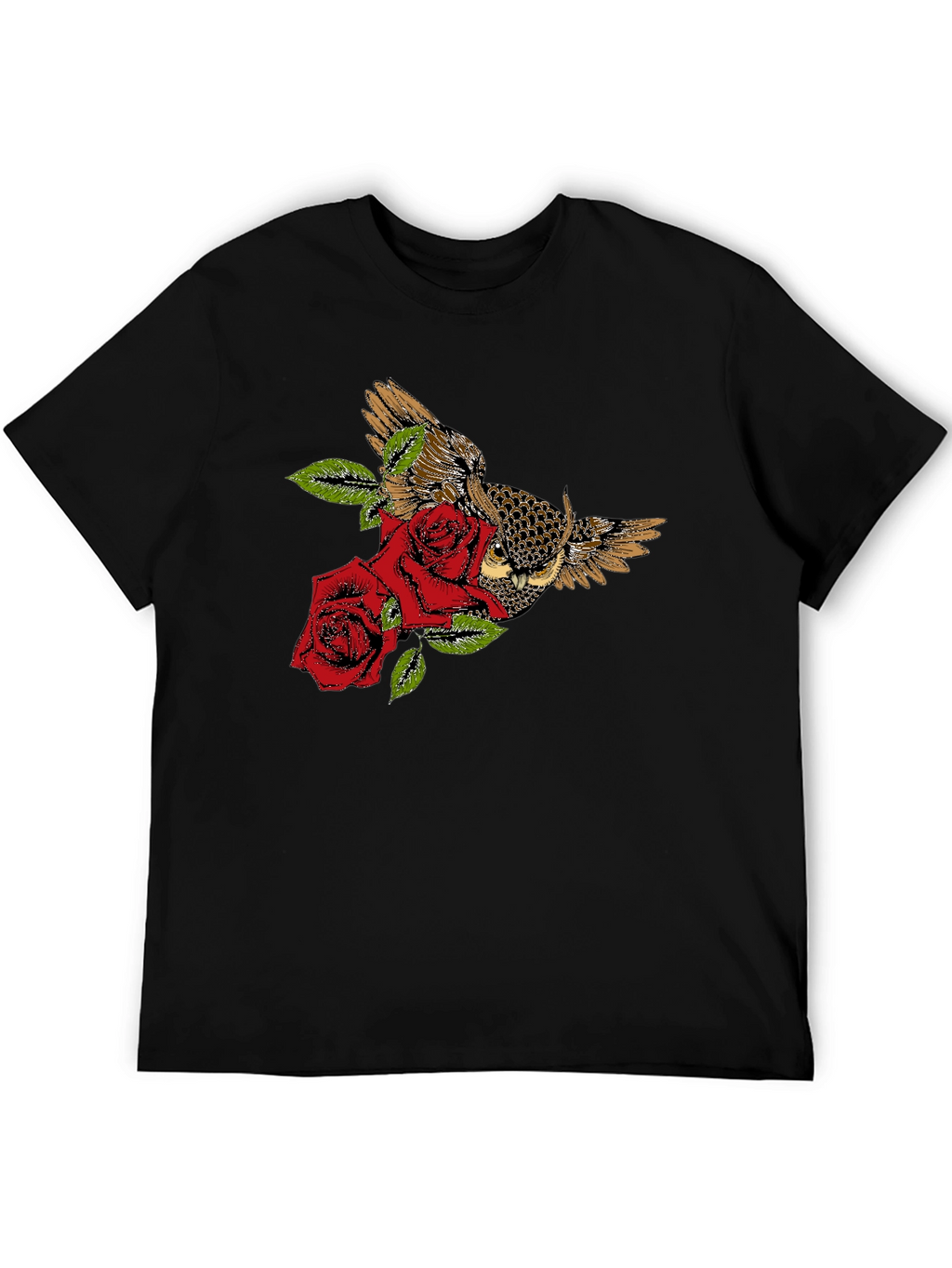 Owl and Roses Graphic T-Shirt - Black