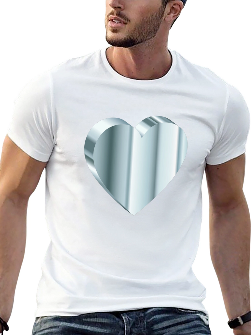 Mens Black Tee with Silver 3D Heart Design