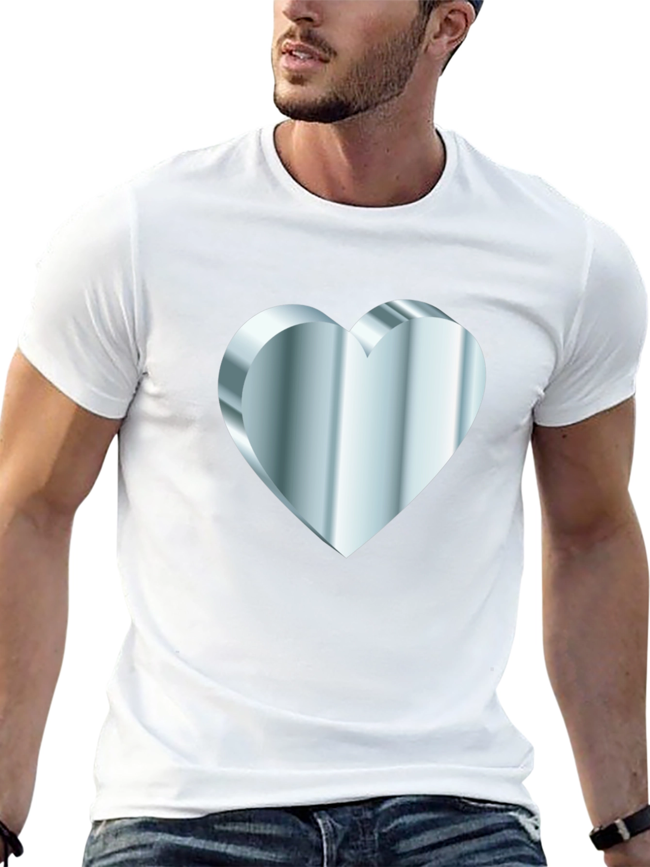 Mens Black Tee with Silver 3D Heart Design