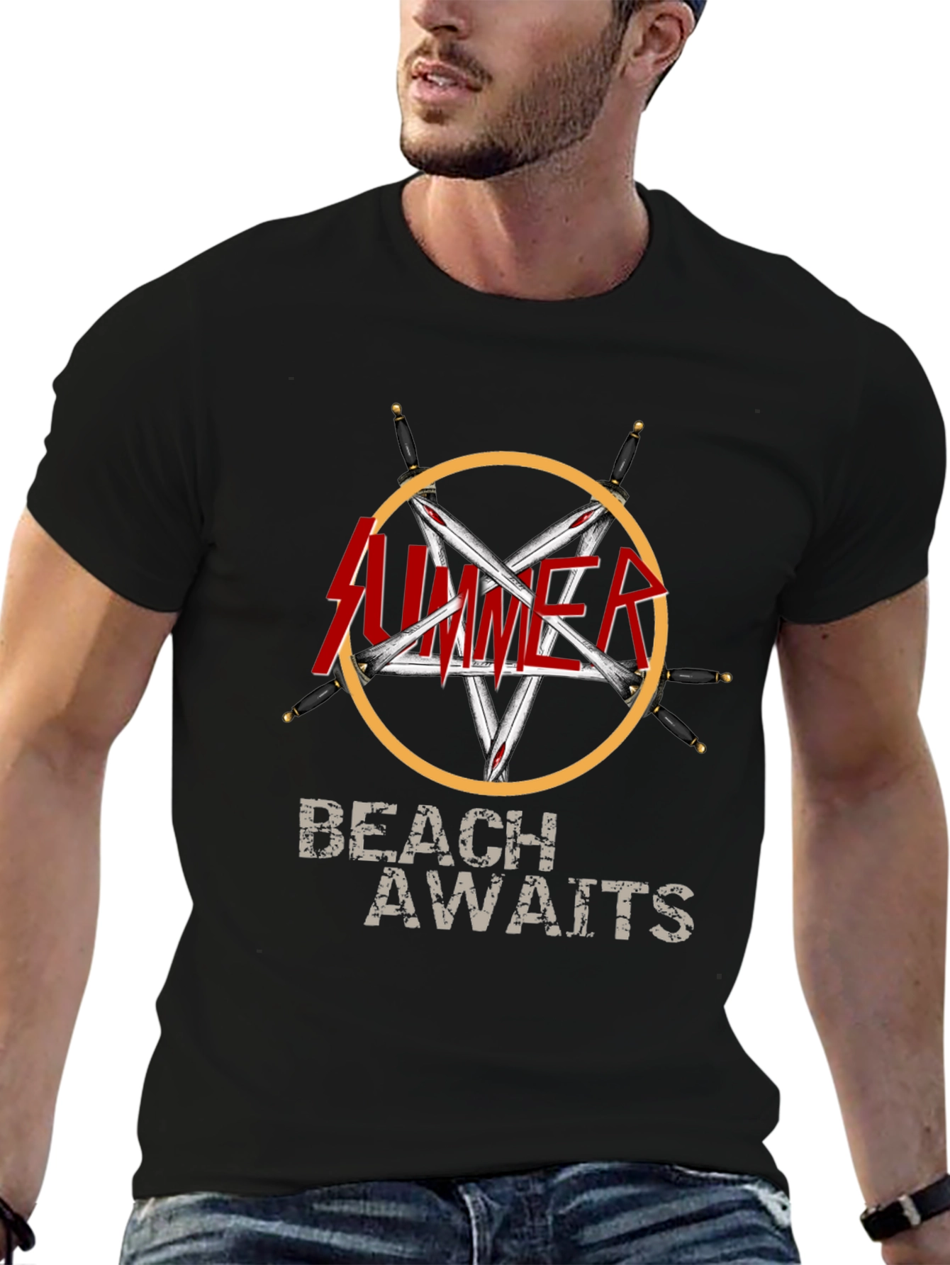 Summer Beach Awaits Graphic T-Shirt - Black
