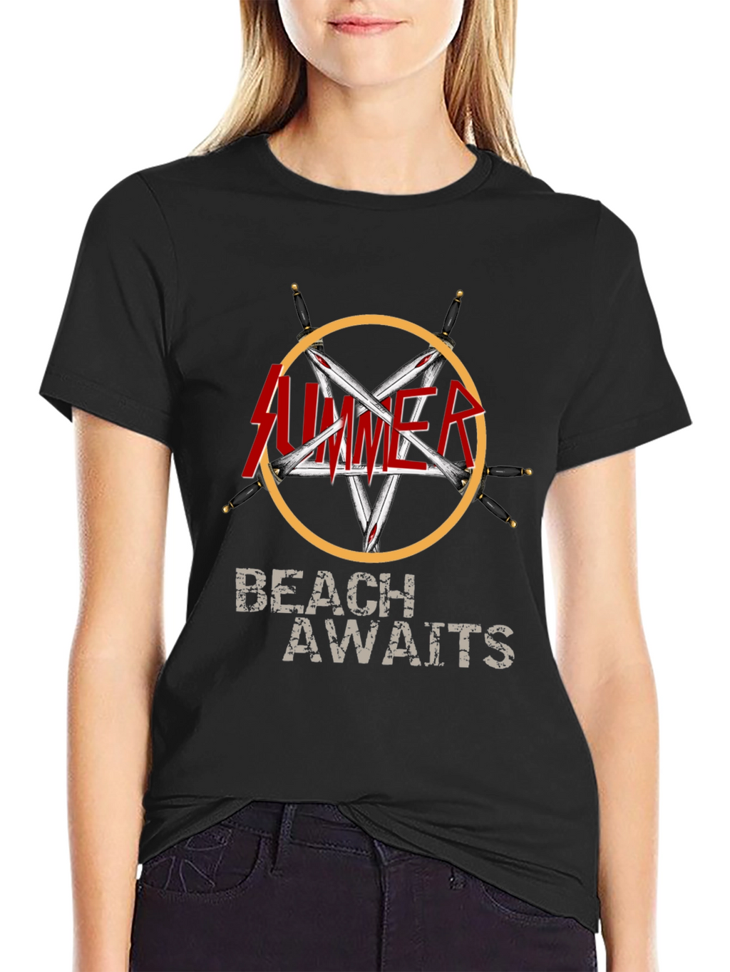 Summer Beach Awaits Graphic T-Shirt - Black