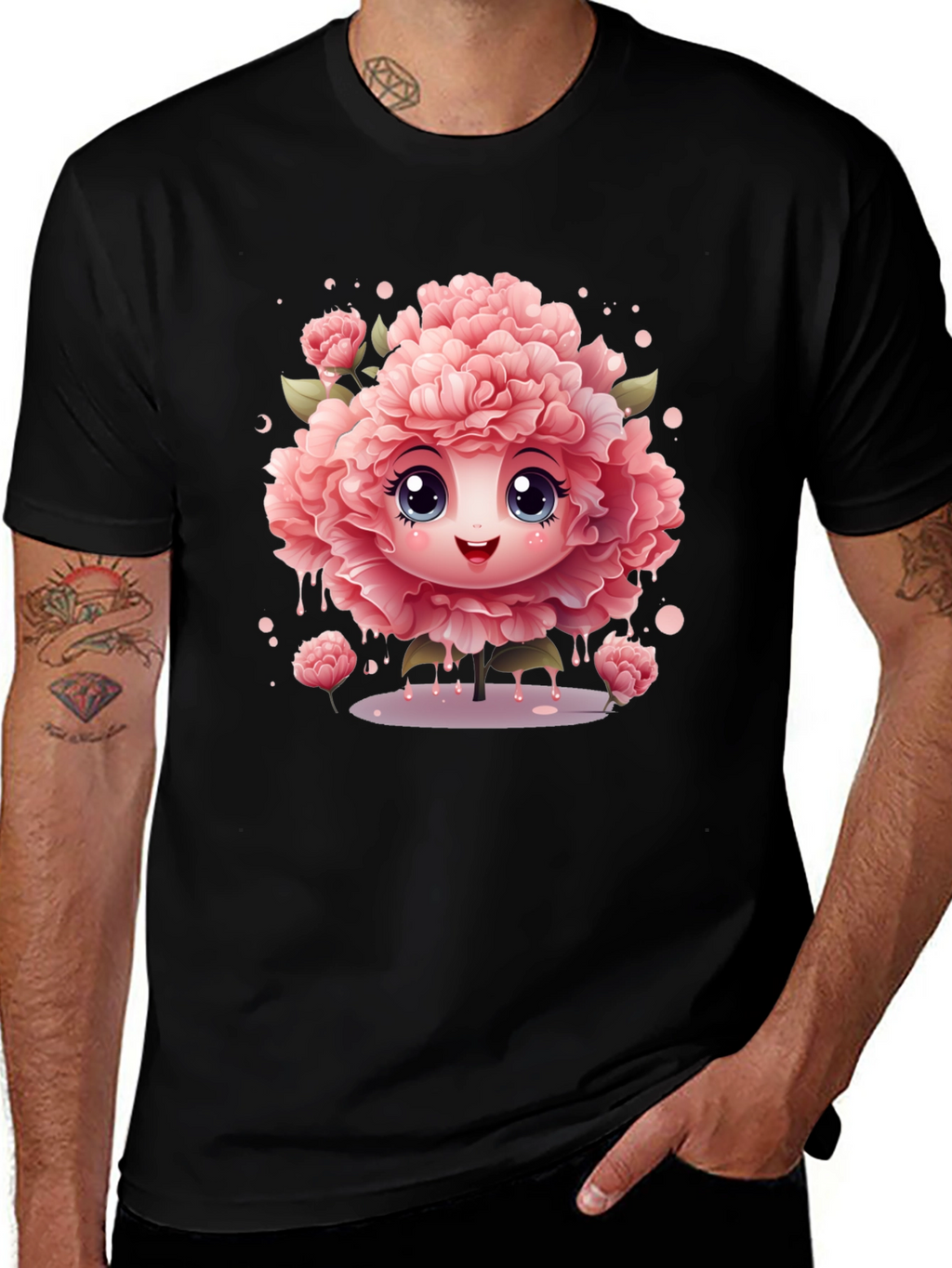 Cute Flower Character Black T-Shirt