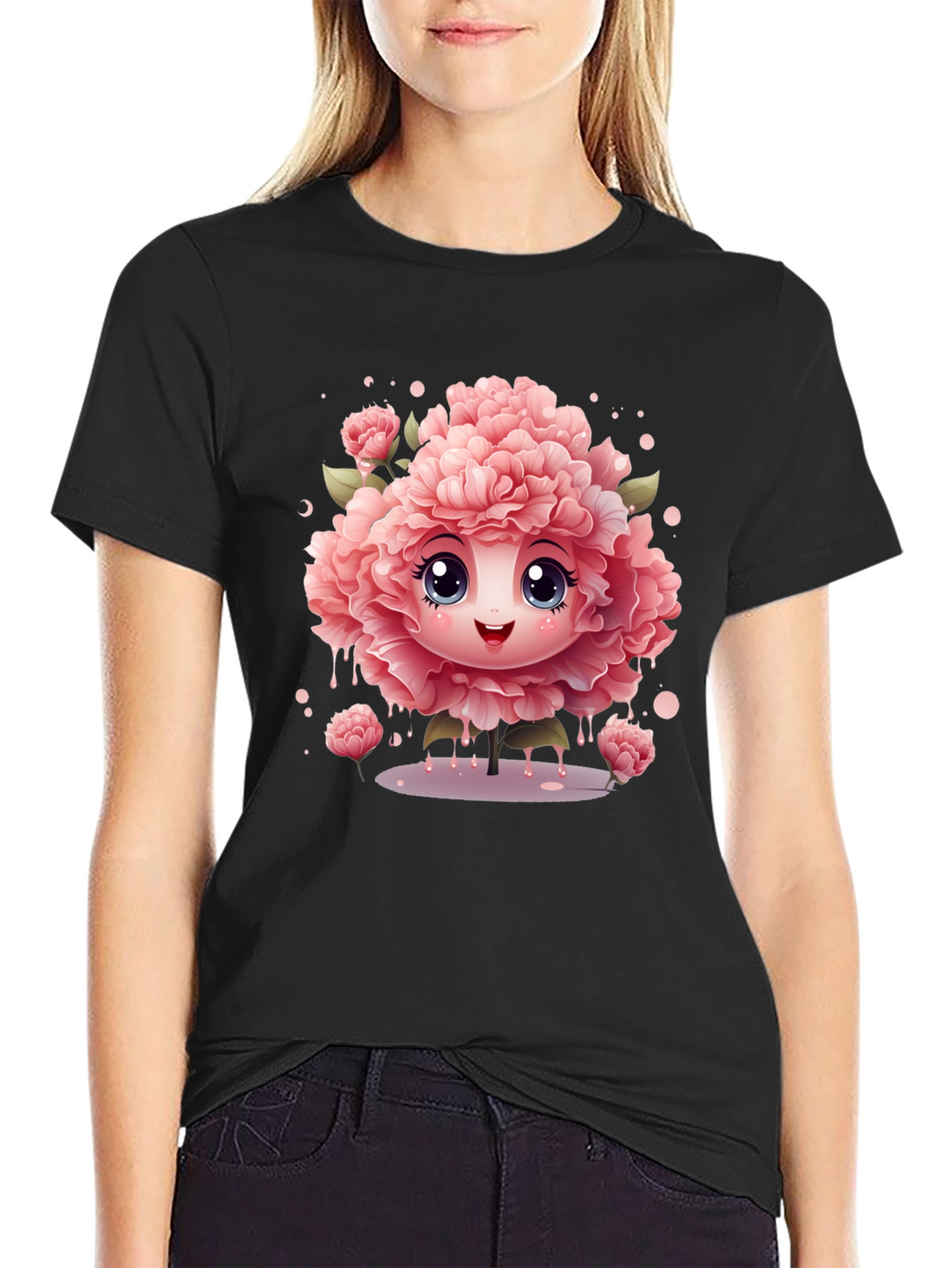 Cute Flower Character Black T-Shirt