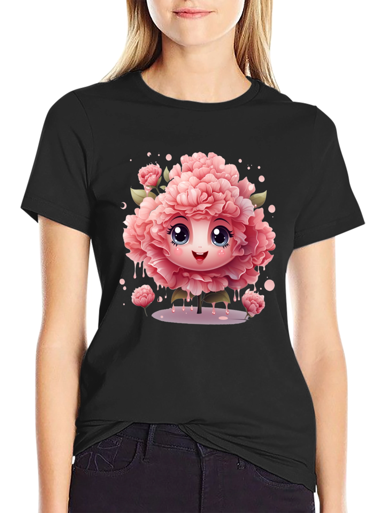 Cute Flower Character Black T-Shirt