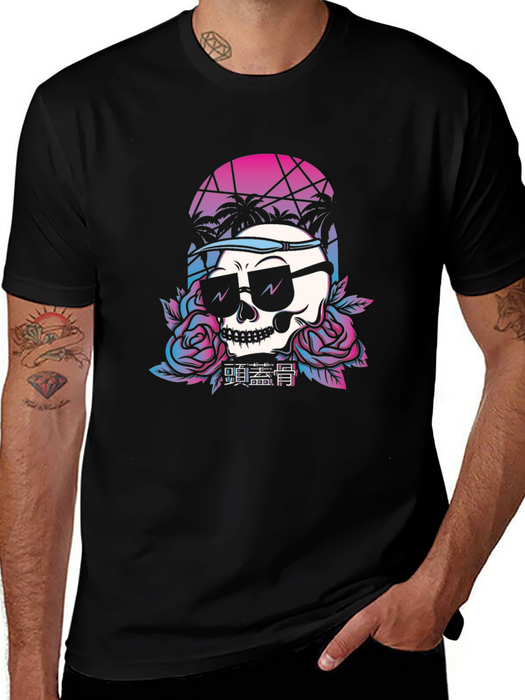Retro Skull T-Shirt with Palm Trees and Roses