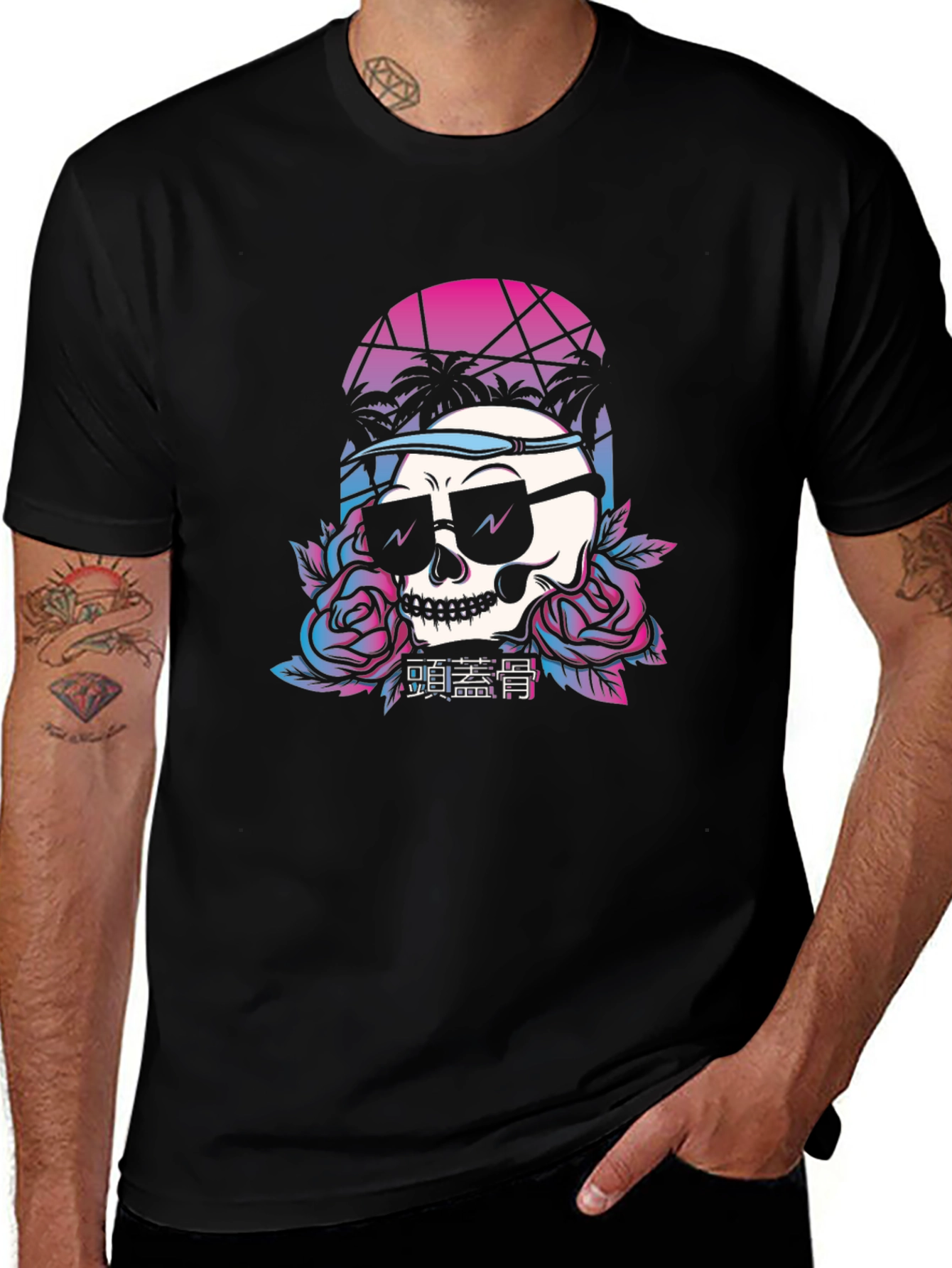 Retro Skull T-Shirt with Palm Trees and Roses