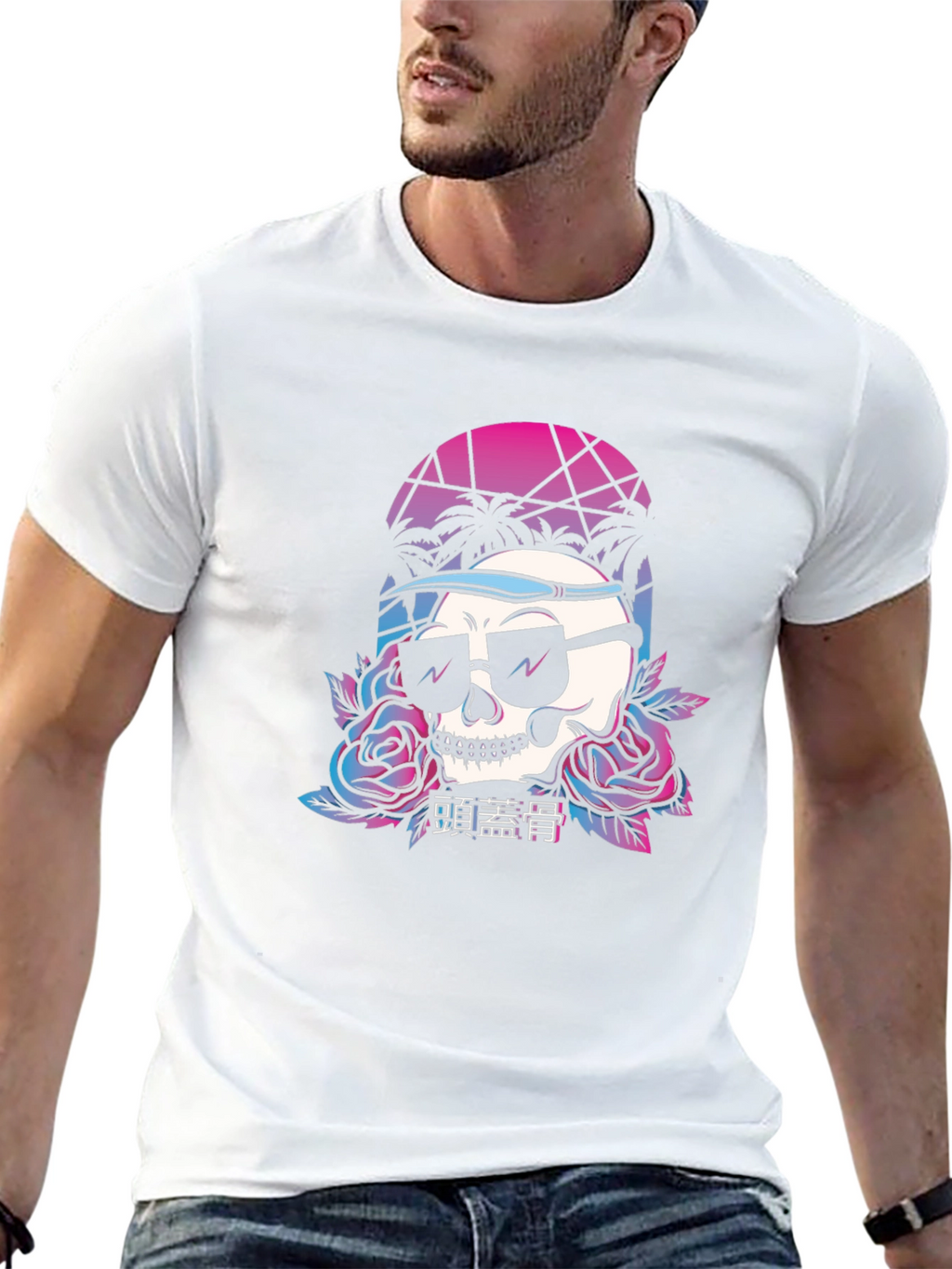 Retro Skull T-Shirt with Palm Trees and Roses