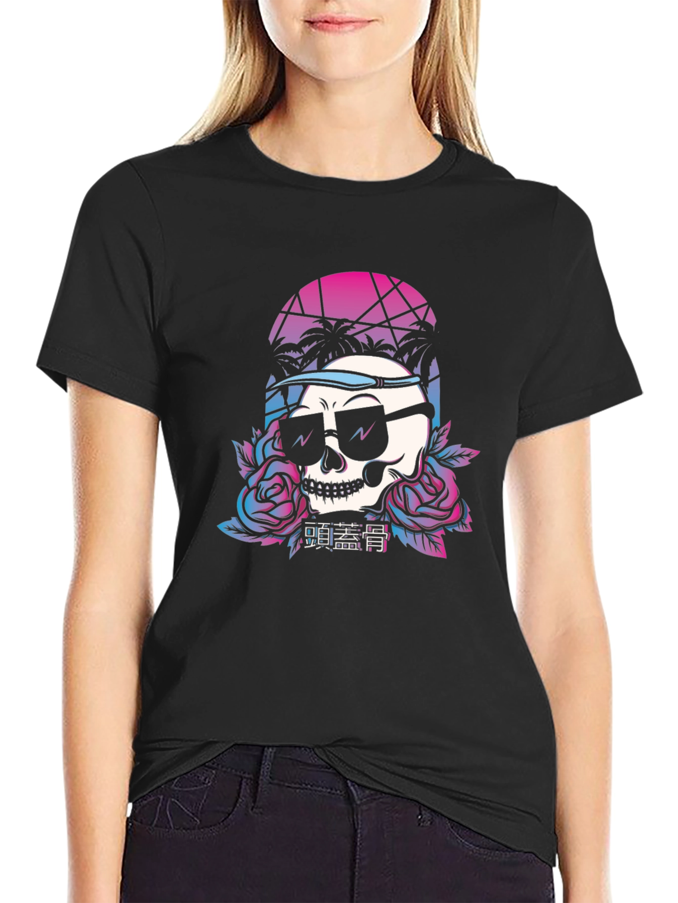 Retro Skull T-Shirt with Palm Trees and Roses