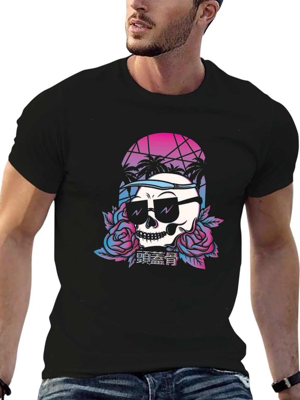Retro Skull T-Shirt with Palm Trees and Roses