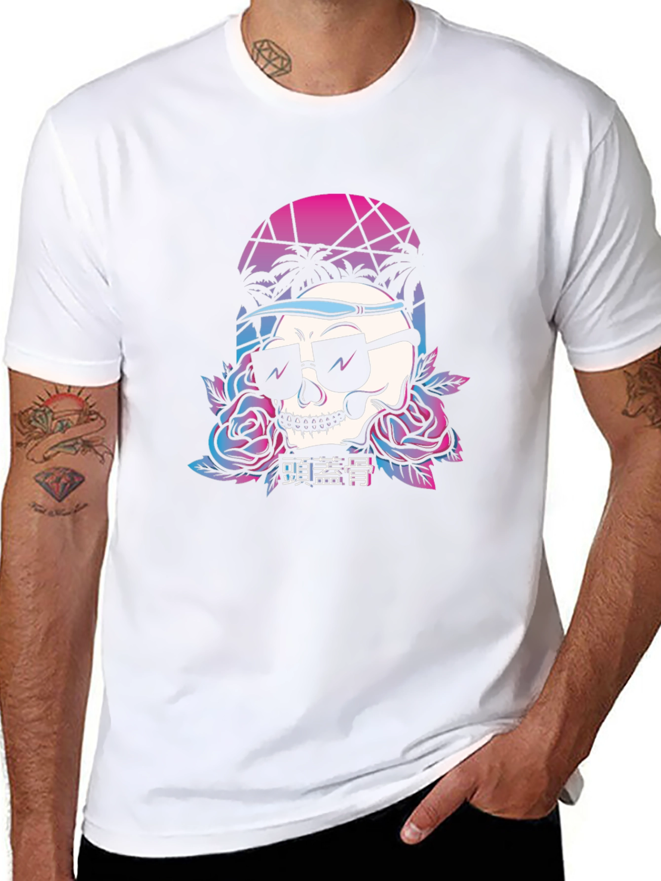 Retro Skull T-Shirt with Palm Trees and Roses