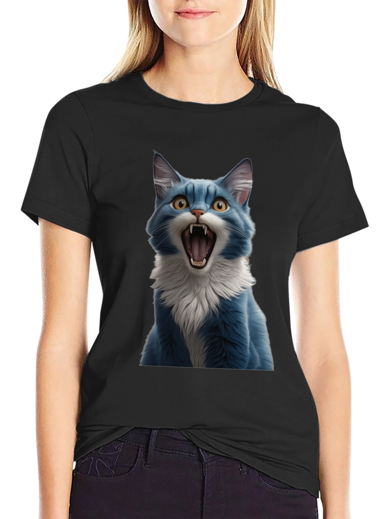 Blue Cat Snarl Graphic Tee - Bold & Unique