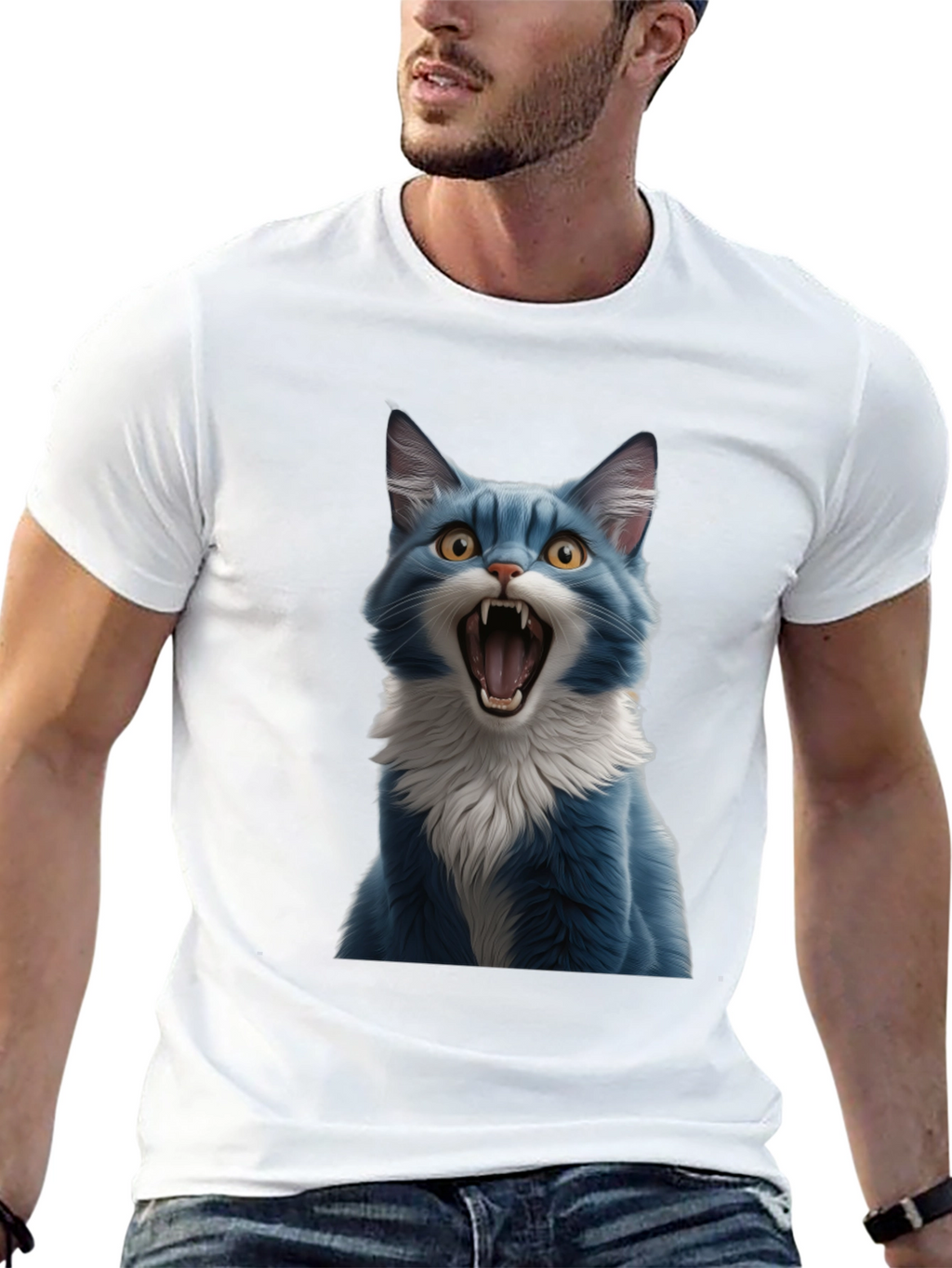 Blue Cat Snarl Graphic Tee - Bold & Unique