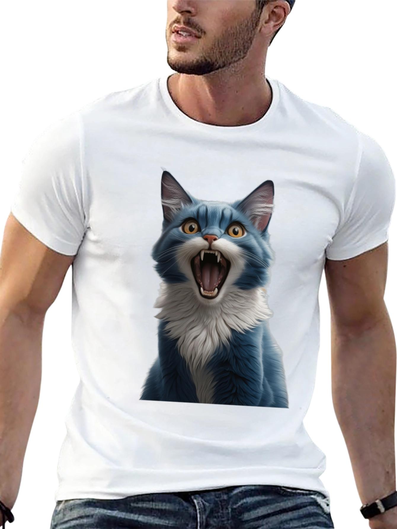 Blue Cat Snarl Graphic Tee - Bold & Unique