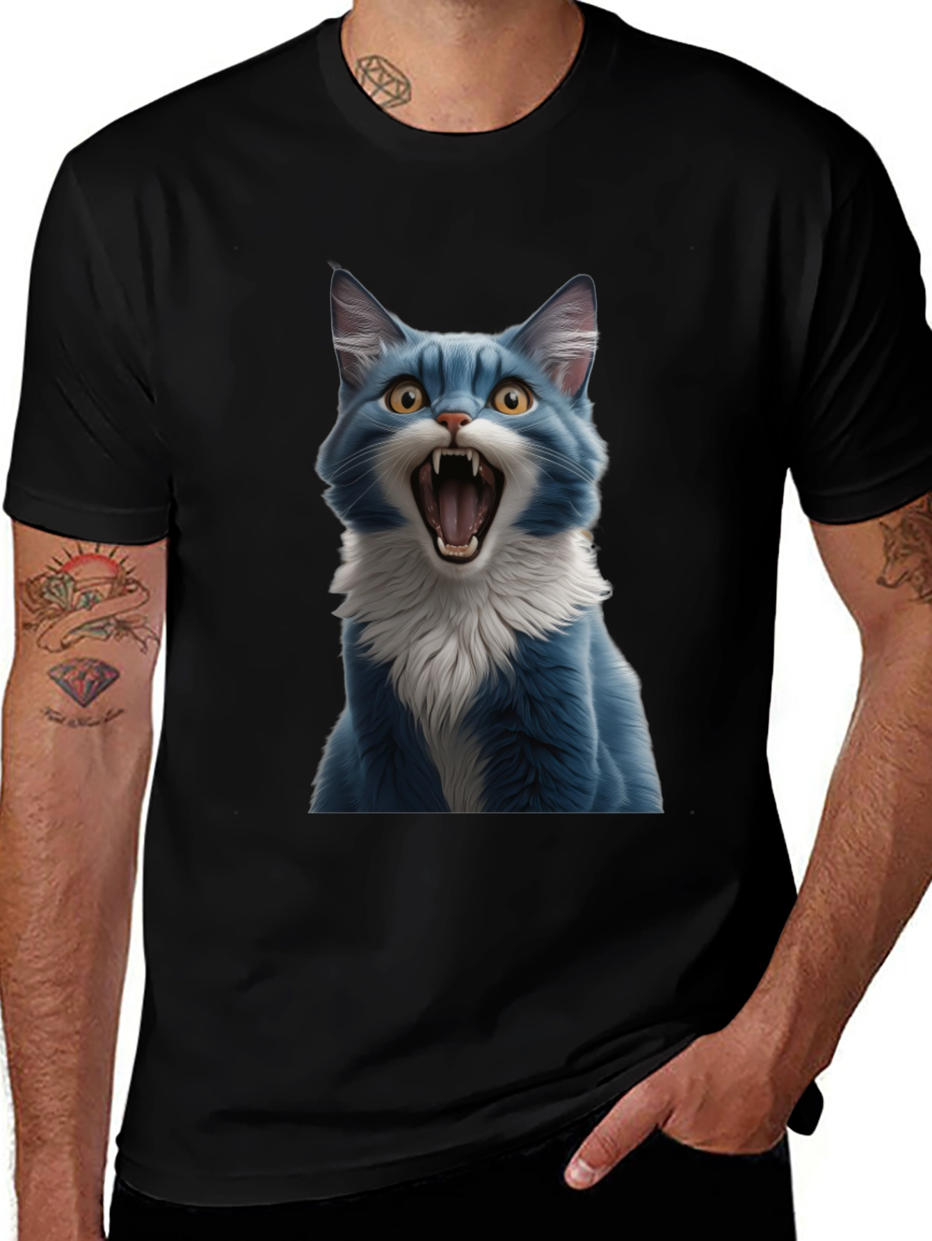 Blue Cat Snarl Graphic Tee - Bold & Unique