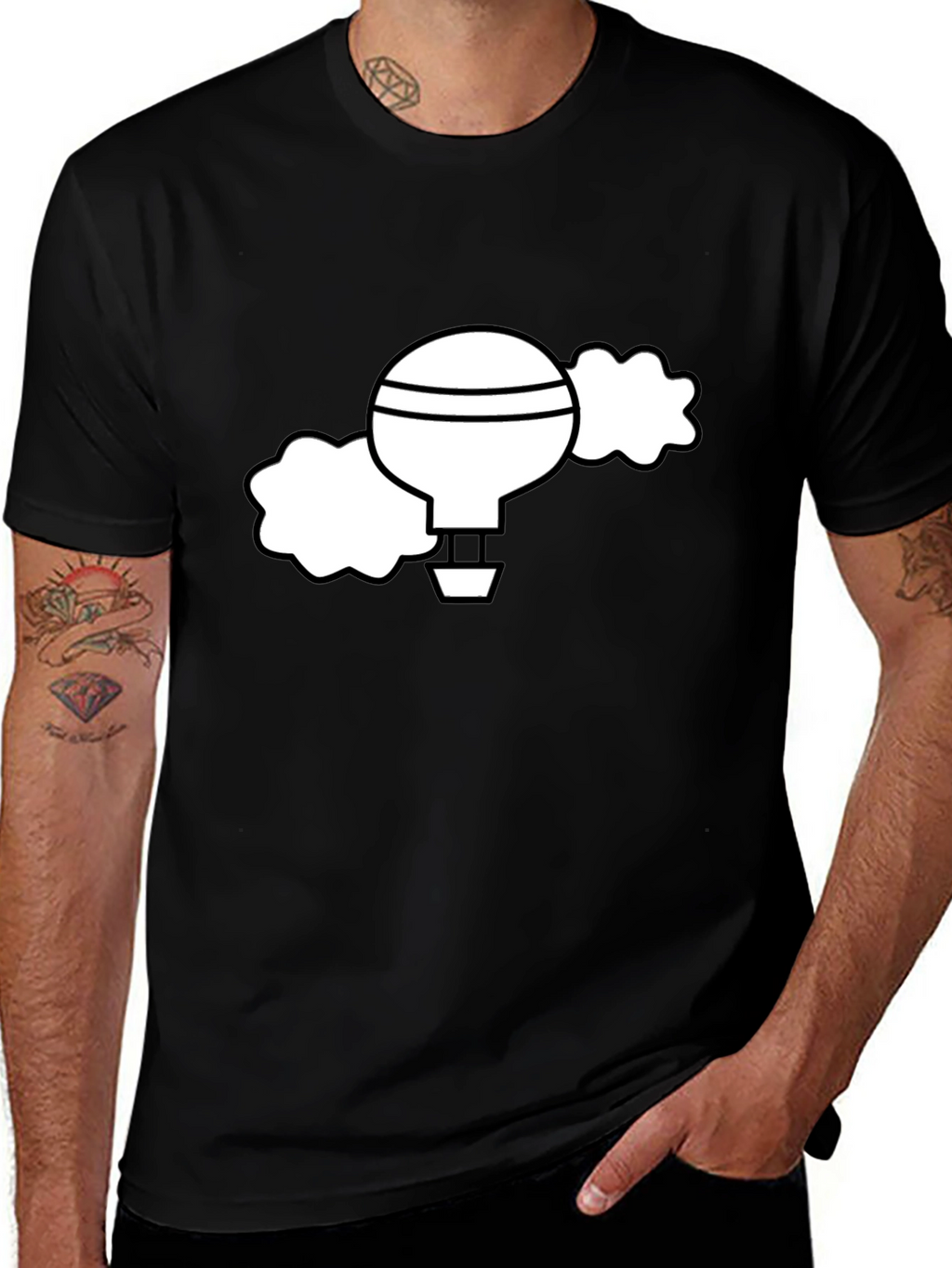 Black T-Shirt with Whimsical Hot Air Balloon Graphic