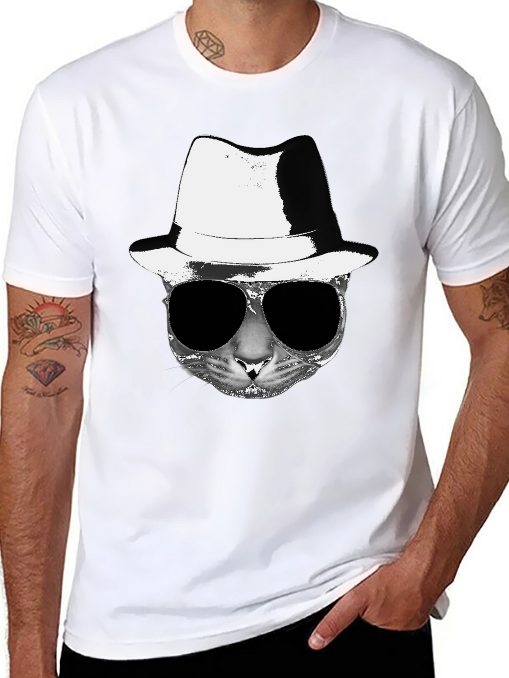 Cool Cat Fedora Sunglasses Graphic Tee - Black