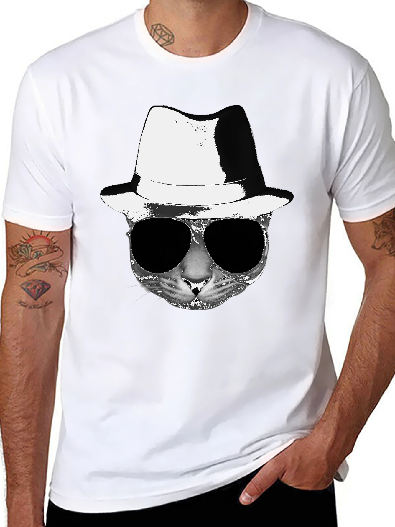 Cool Cat Fedora Sunglasses Graphic Tee - Black