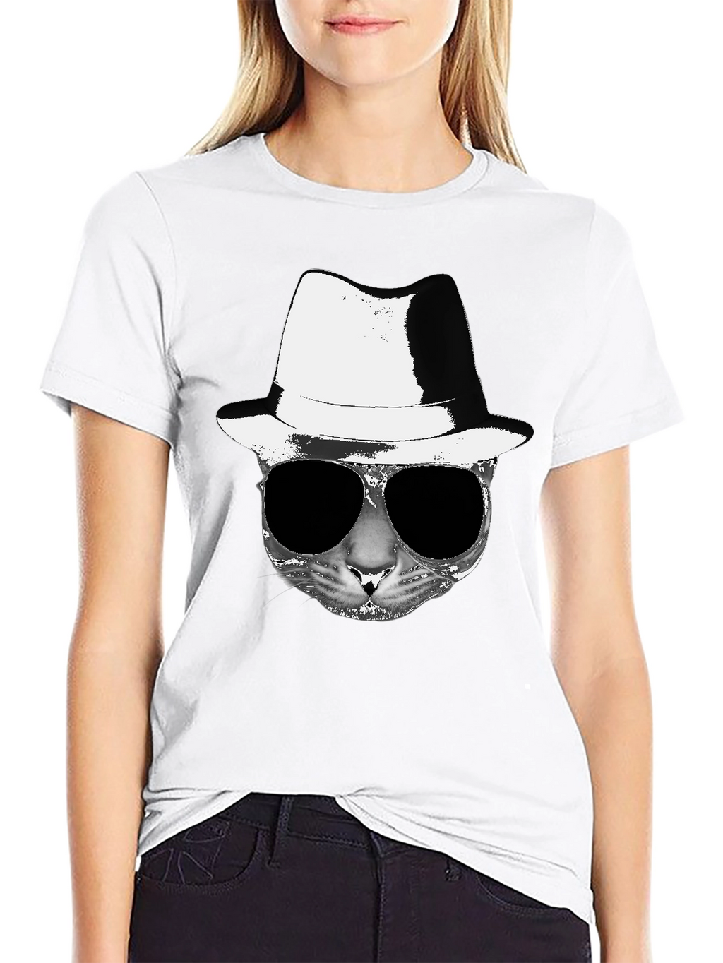 Cool Cat Fedora Sunglasses Graphic Tee - Black