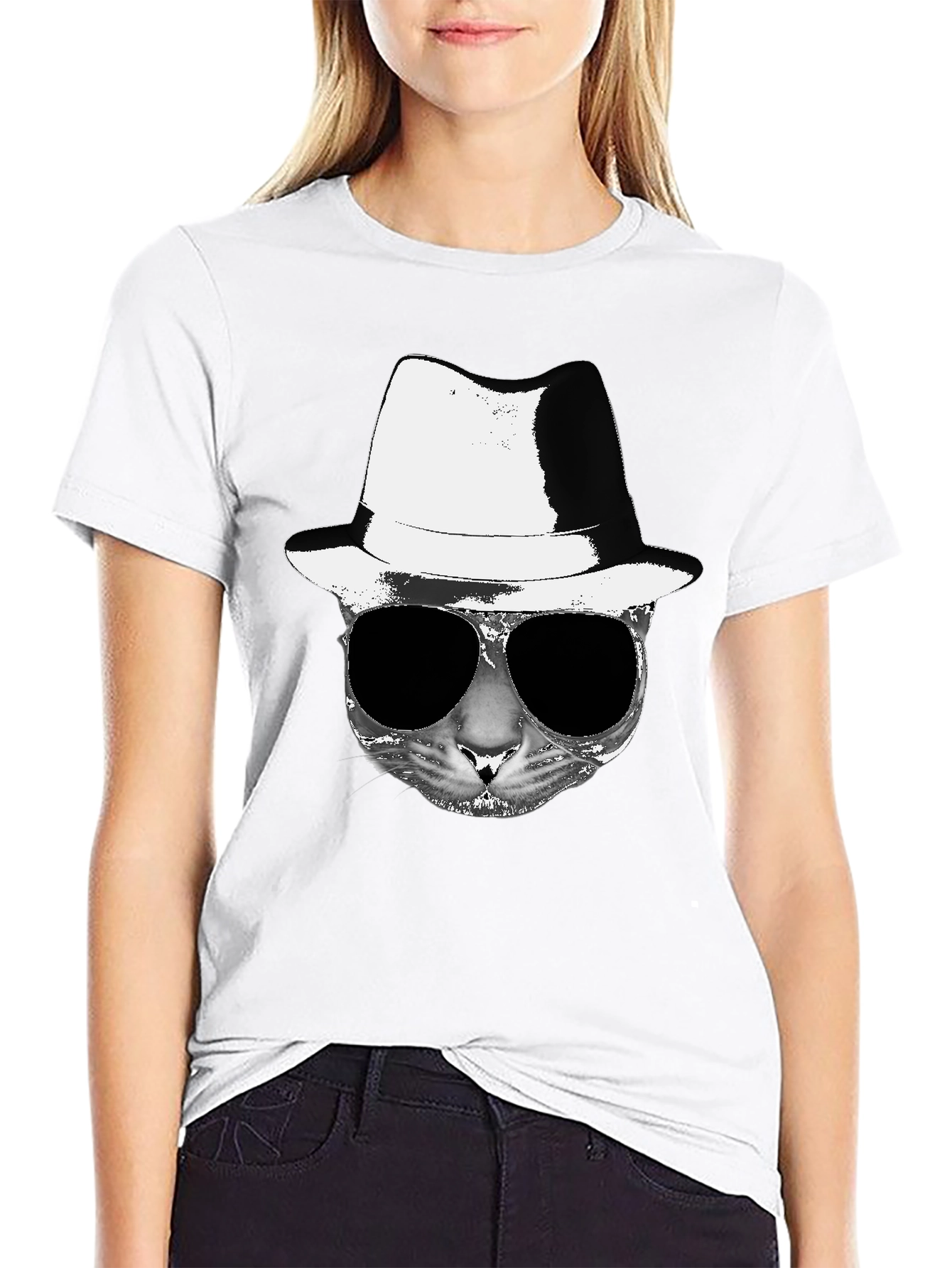 Cool Cat Fedora Sunglasses Graphic Tee - Black