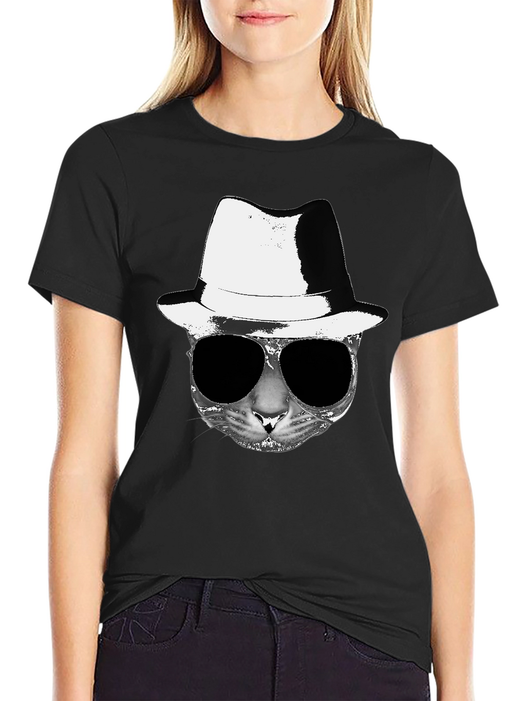 Cool Cat Fedora Sunglasses Graphic Tee - Black