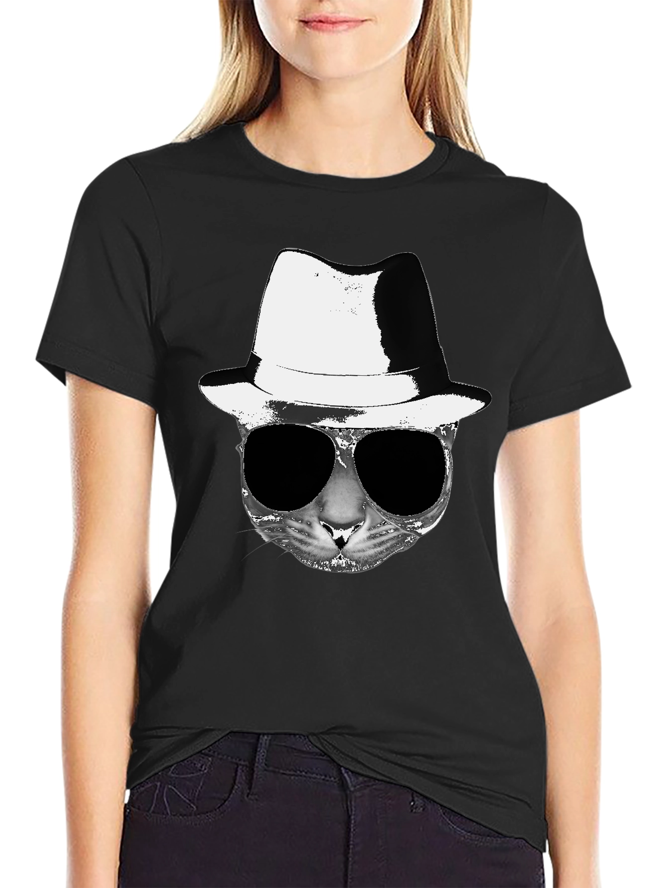Cool Cat Fedora Sunglasses Graphic Tee - Black
