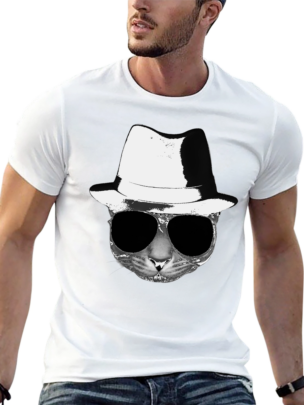 Cool Cat Fedora Sunglasses Graphic Tee - Black