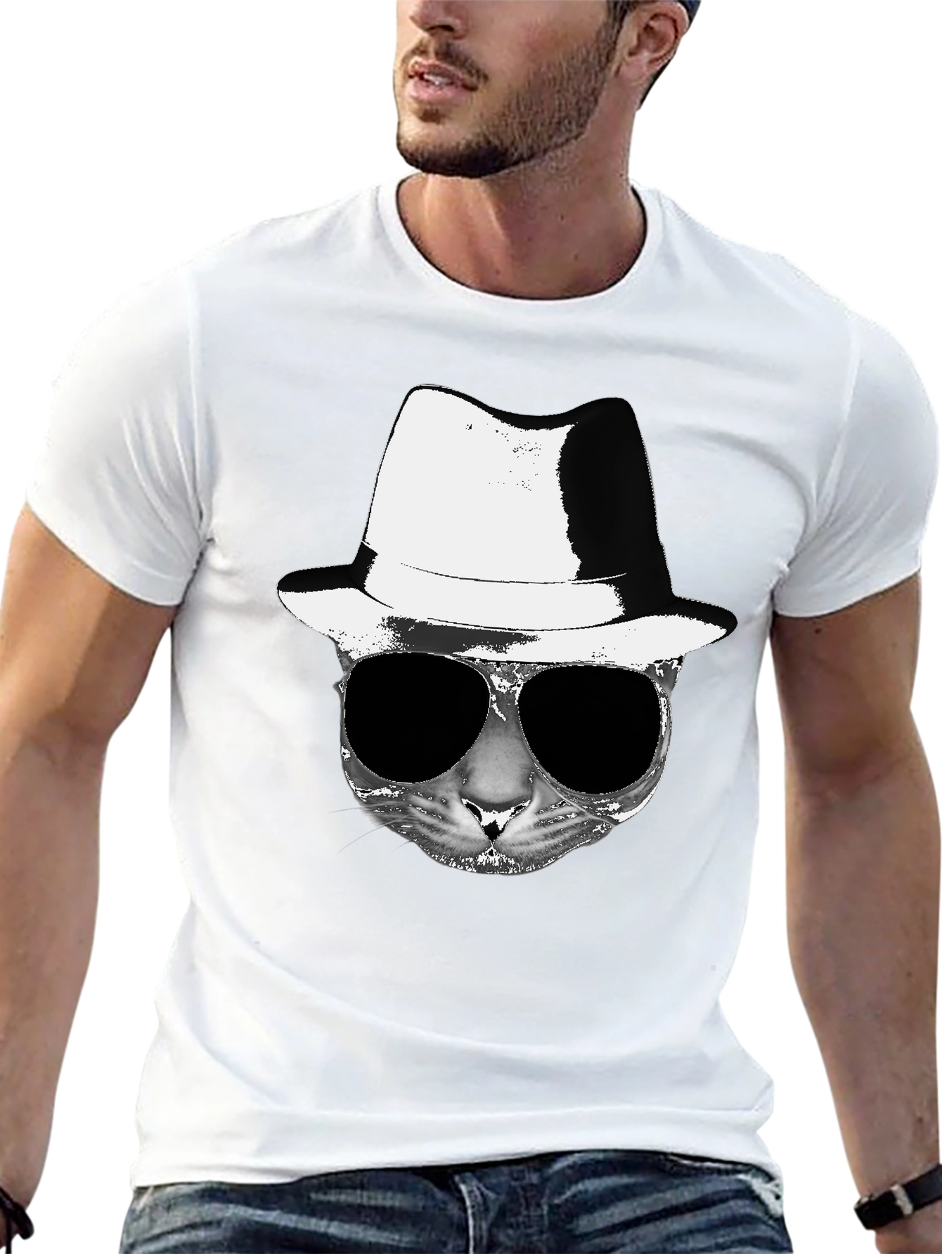 Cool Cat Fedora Sunglasses Graphic Tee - Black