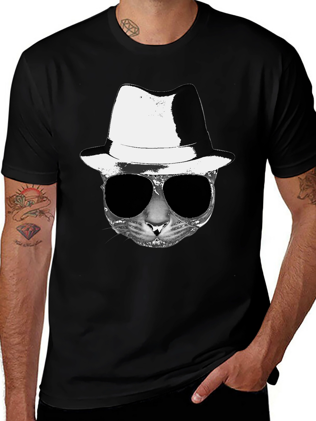 Cool Cat Fedora Sunglasses Graphic Tee - Black