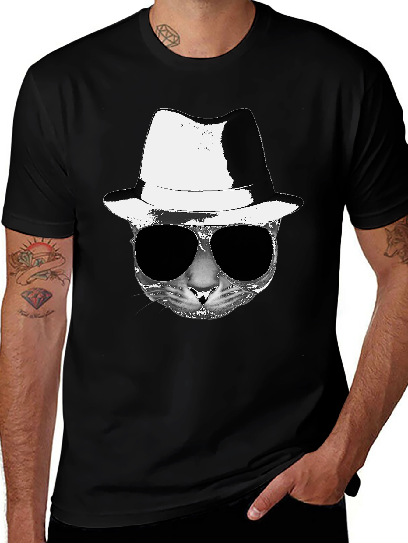 Cool Cat Fedora Sunglasses Graphic Tee - Black