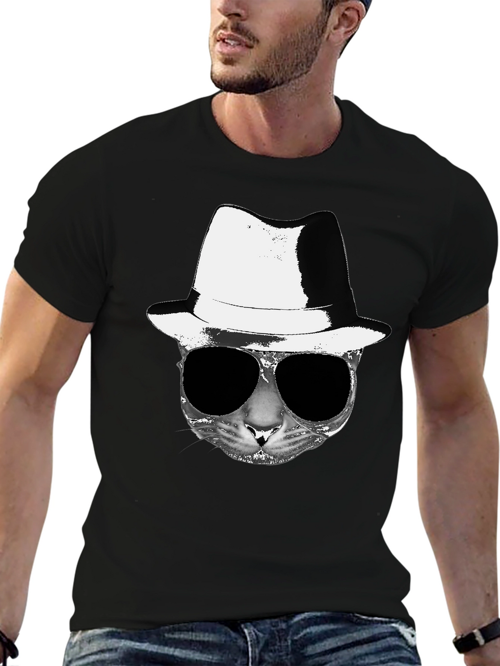 Cool Cat Fedora Sunglasses Graphic Tee - Black