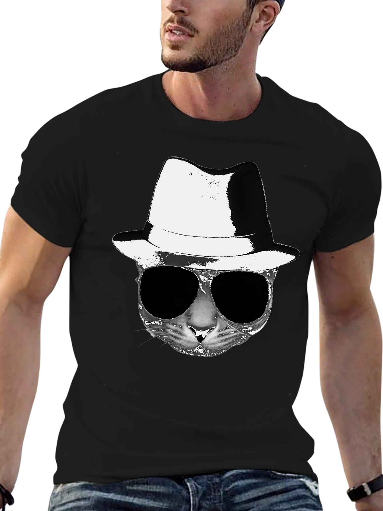 Cool Cat Fedora Sunglasses Graphic Tee - Black