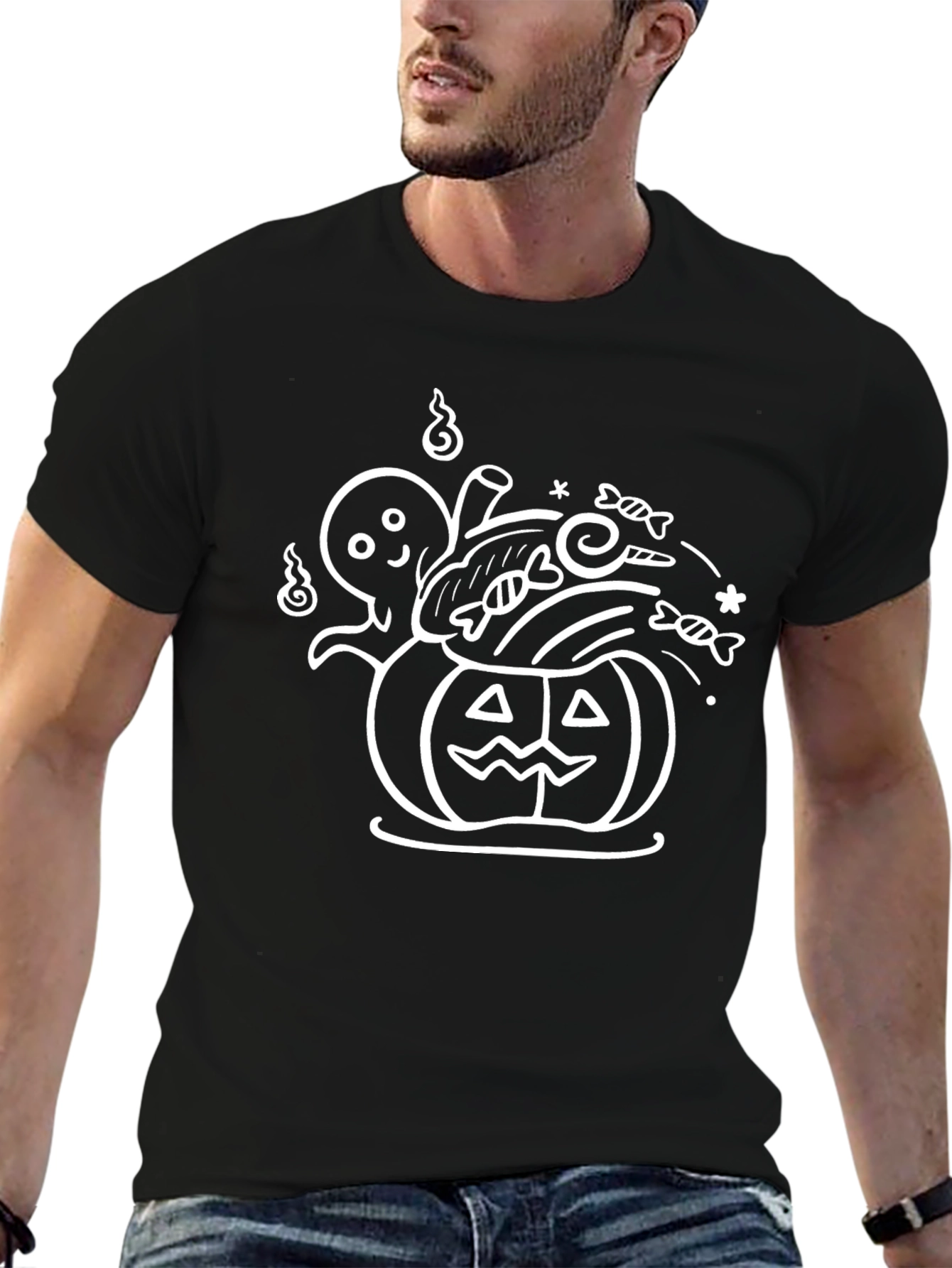 Halloween Ghost & Pumpkin Graphic Tee - Black