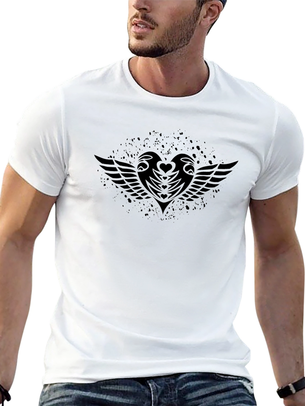 Black Graphic Tee - Heart and Wings
