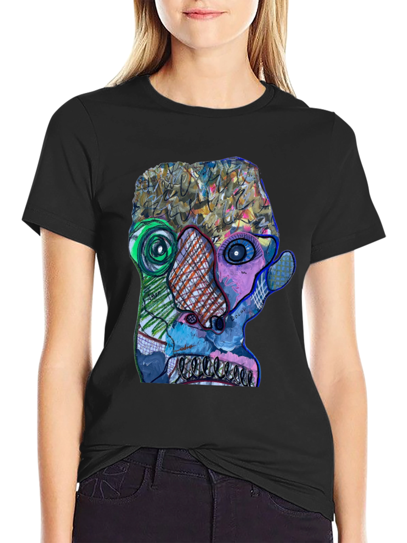 Abstract Art Face Graphic Print Black T-Shirt