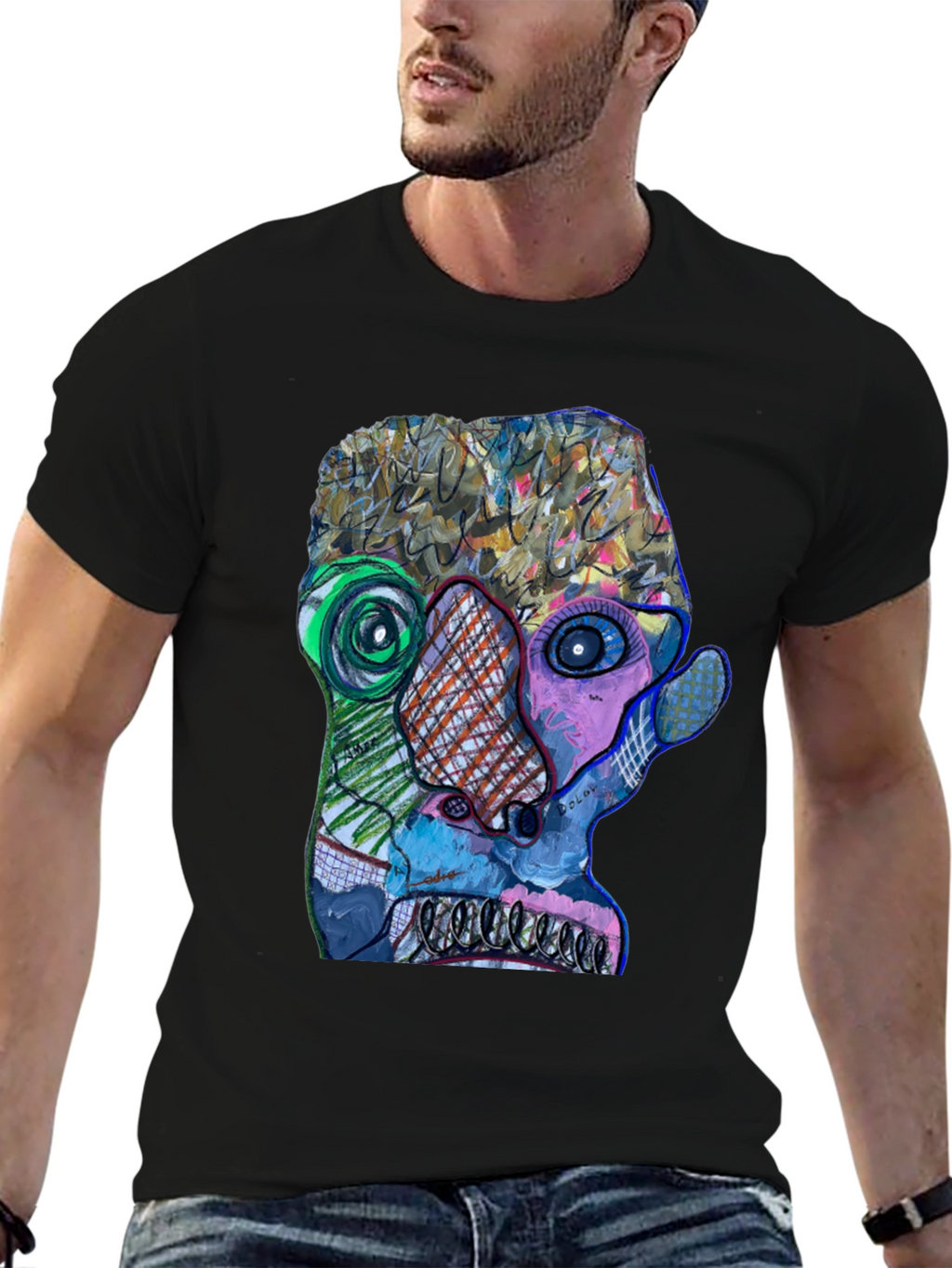 Abstract Art Face Graphic Print Black T-Shirt