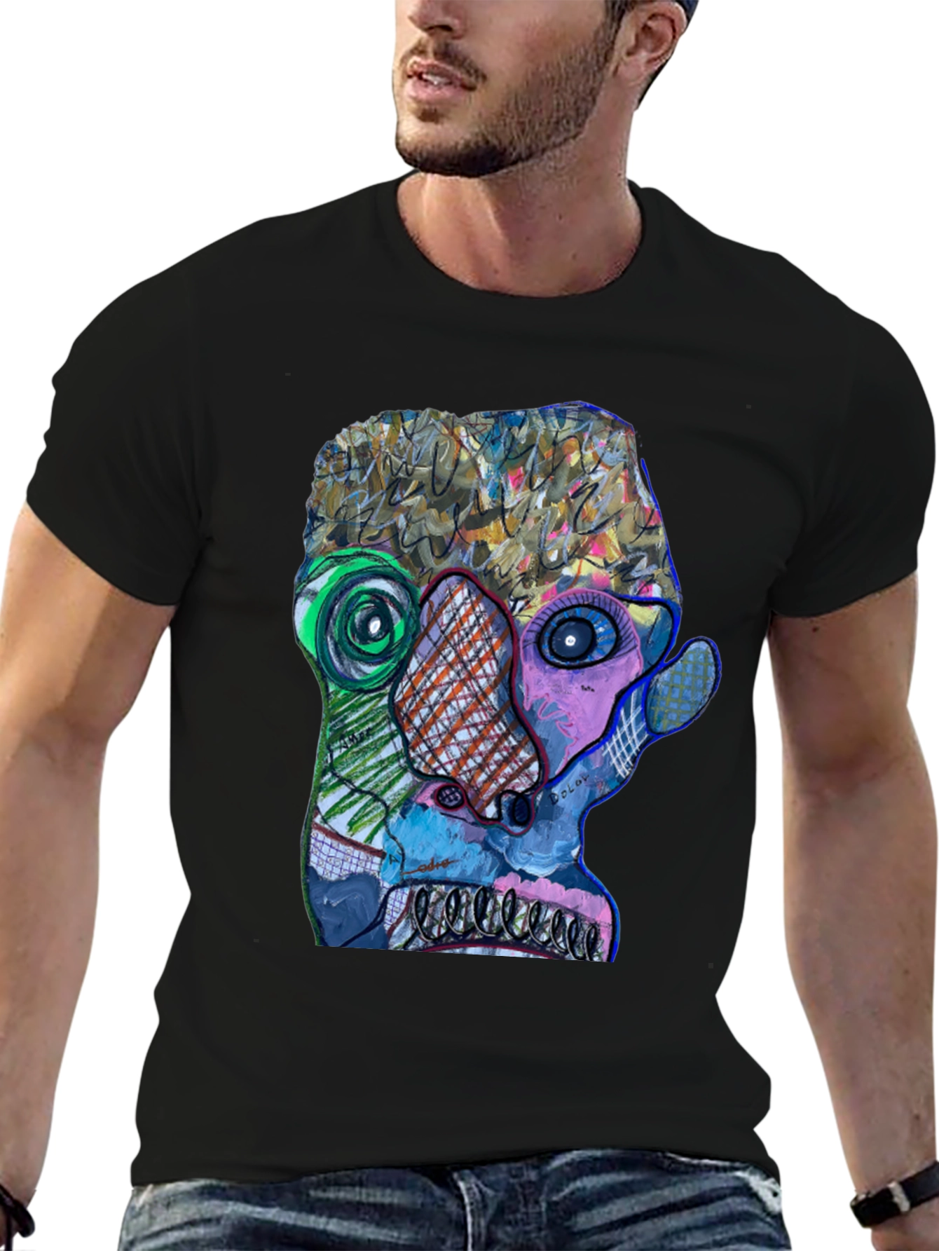 Abstract Art Face Graphic Print Black T-Shirt