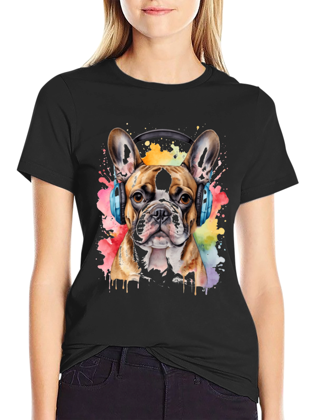 Dog with Headphones T-Shirt - Watercolor Print