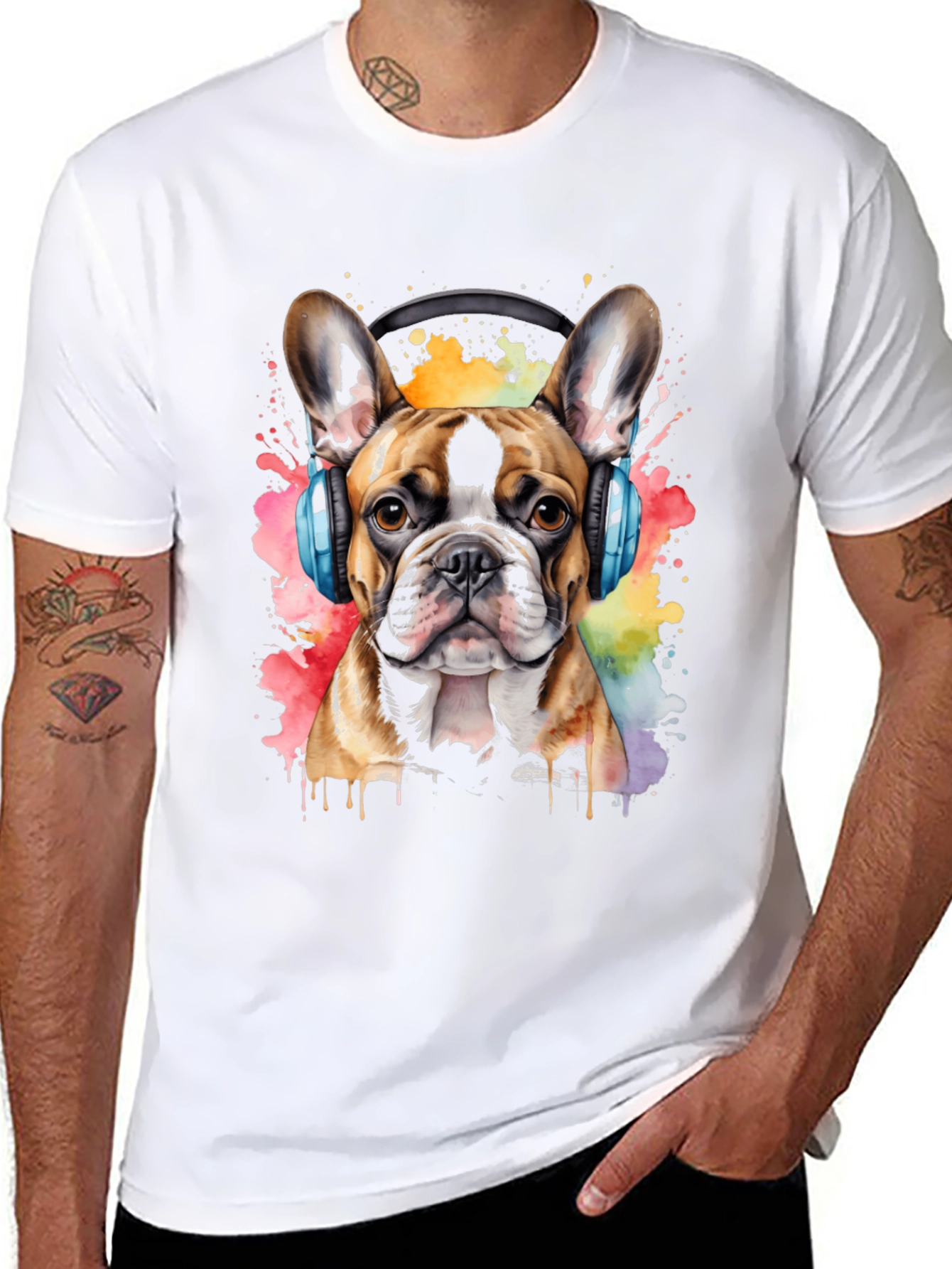 Dog with Headphones T-Shirt - Watercolor Print
