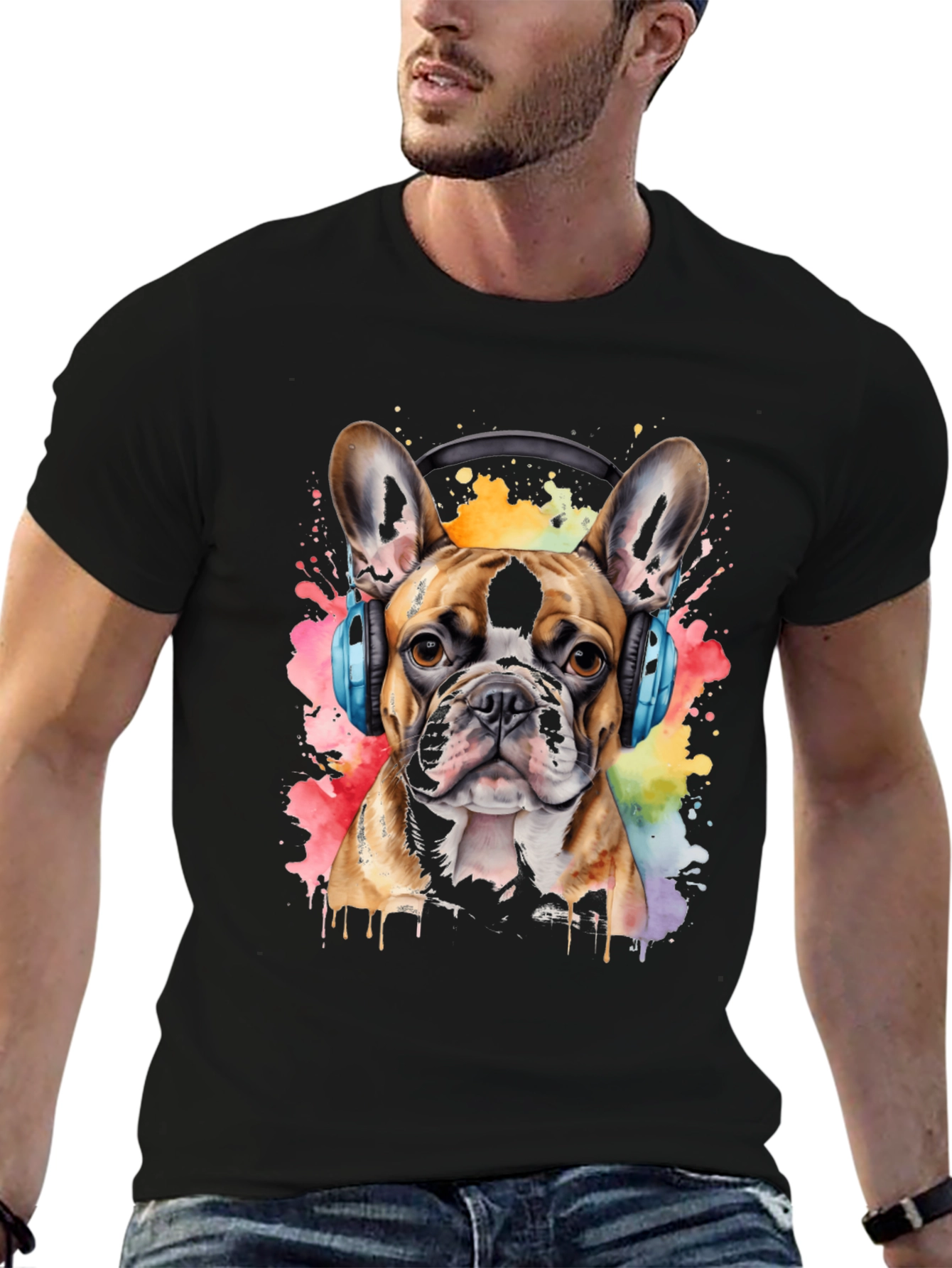 Dog with Headphones T-Shirt - Watercolor Print