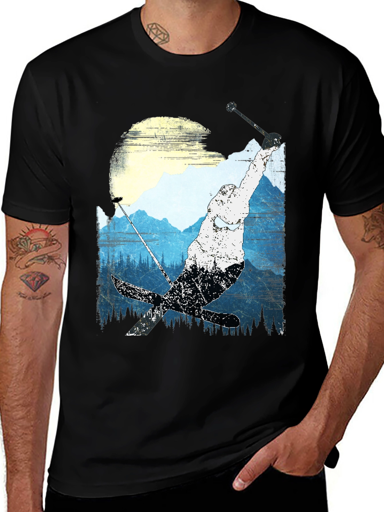 Skiing Mountain Graphic Tee - Black Casual Shirt