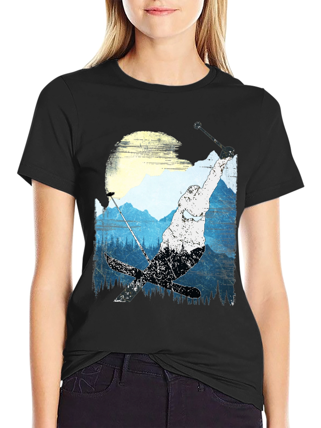 Skiing Mountain Graphic Tee - Black Casual Shirt
