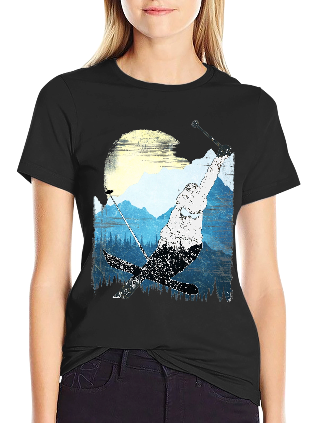 Skiing Mountain Graphic Tee - Black Casual Shirt