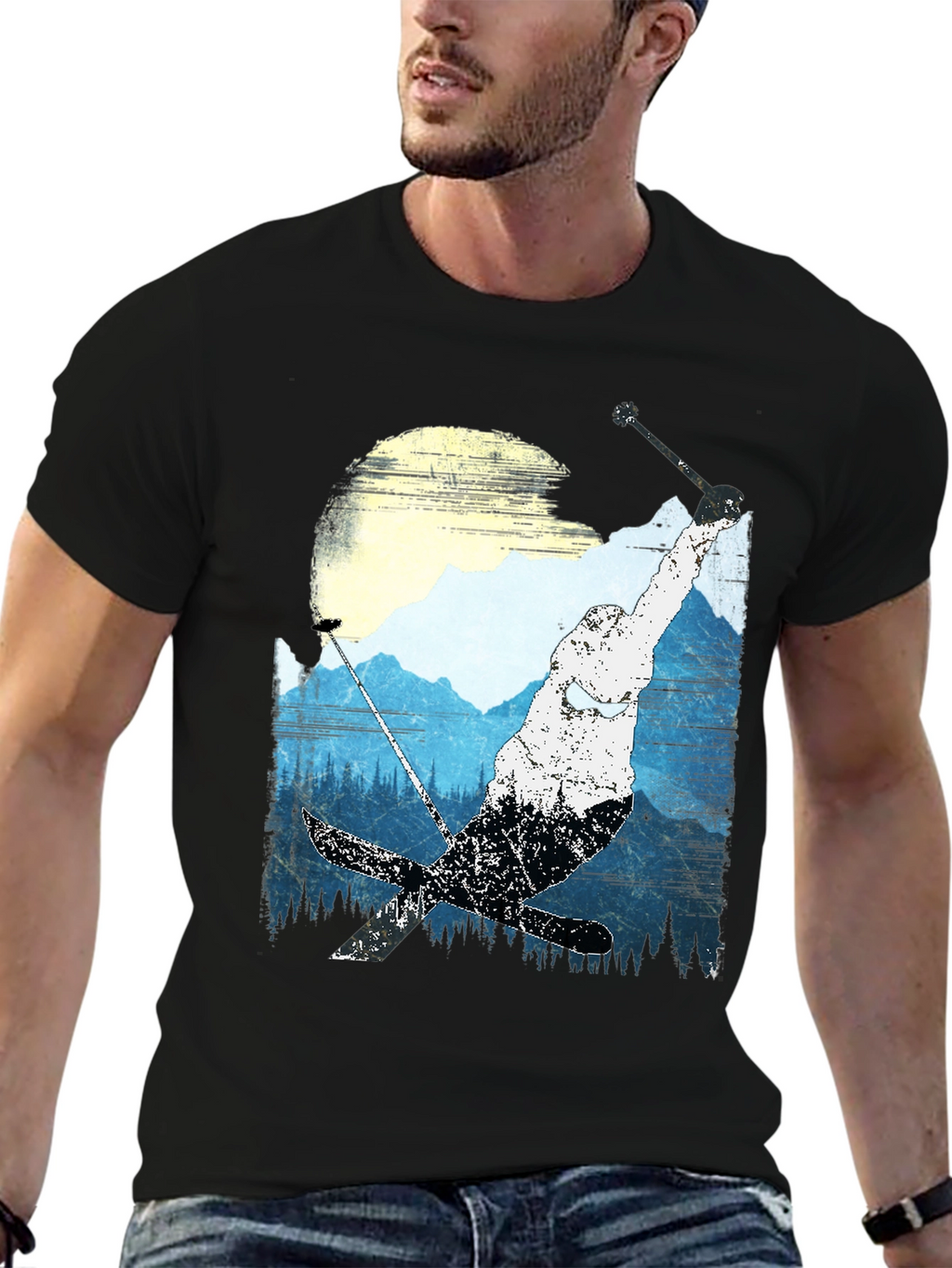 Skiing Mountain Graphic Tee - Black Casual Shirt