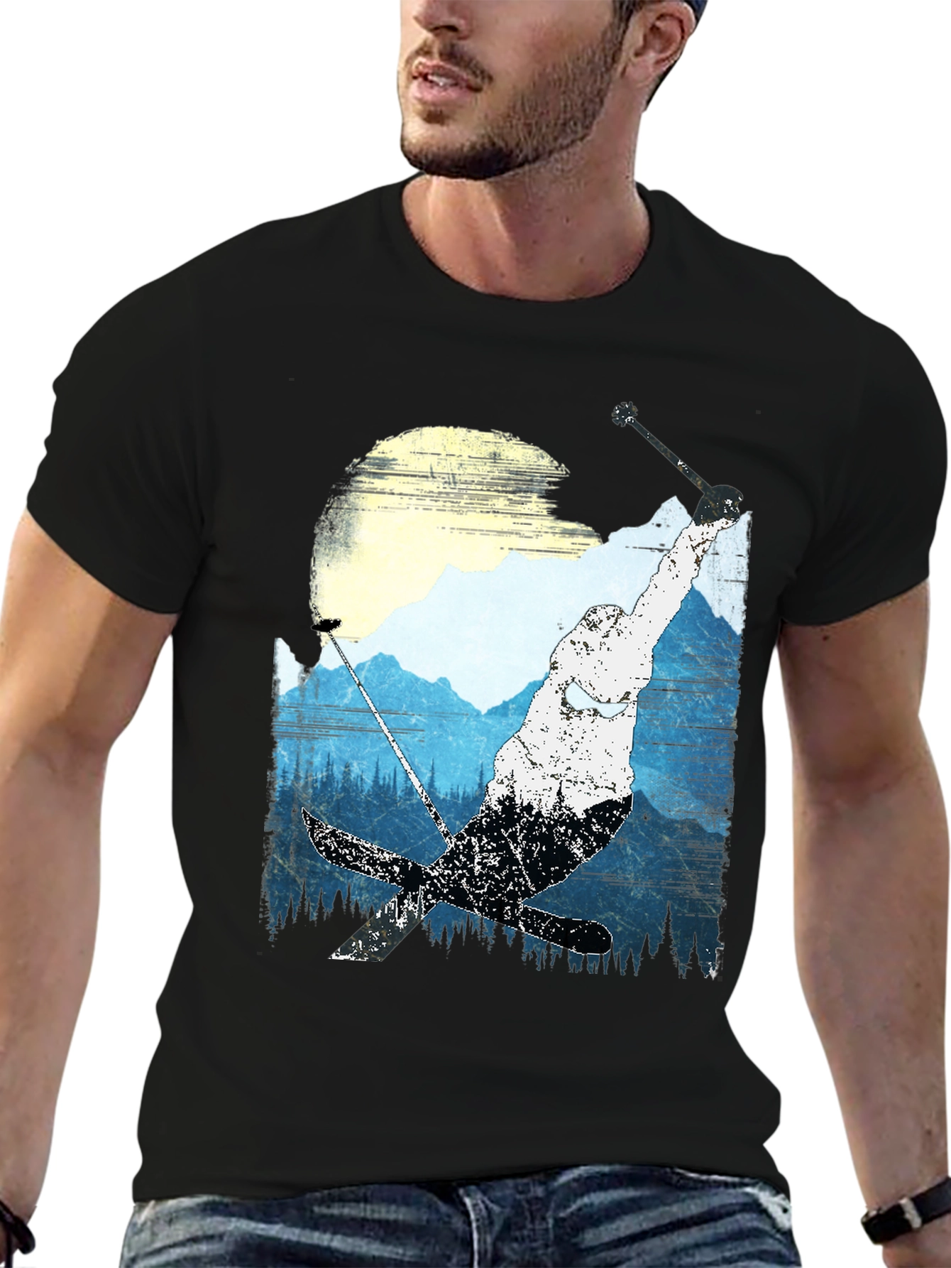 Skiing Mountain Graphic Tee - Black Casual Shirt