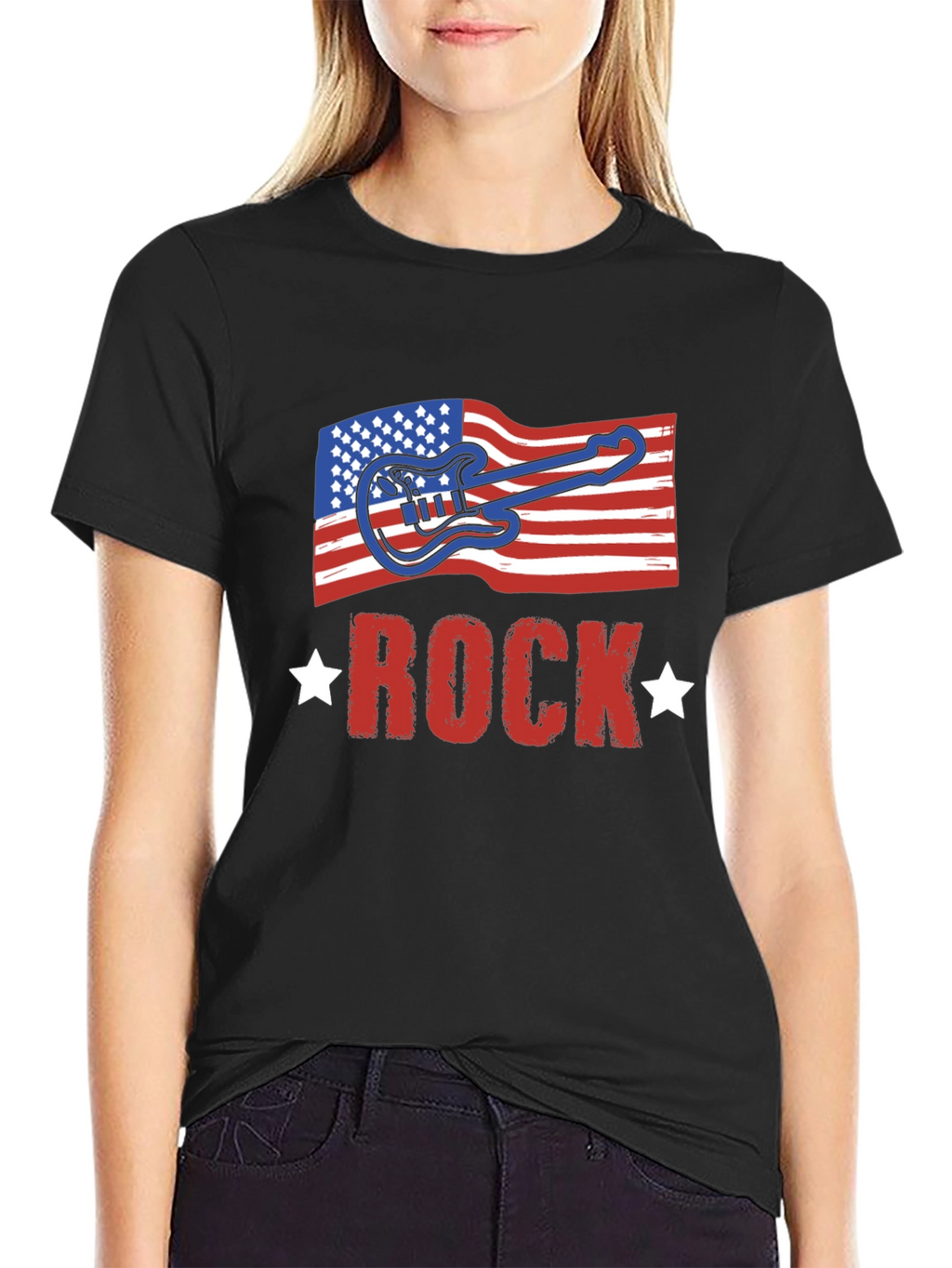 American Flag Rock Guitar Black T-Shirt