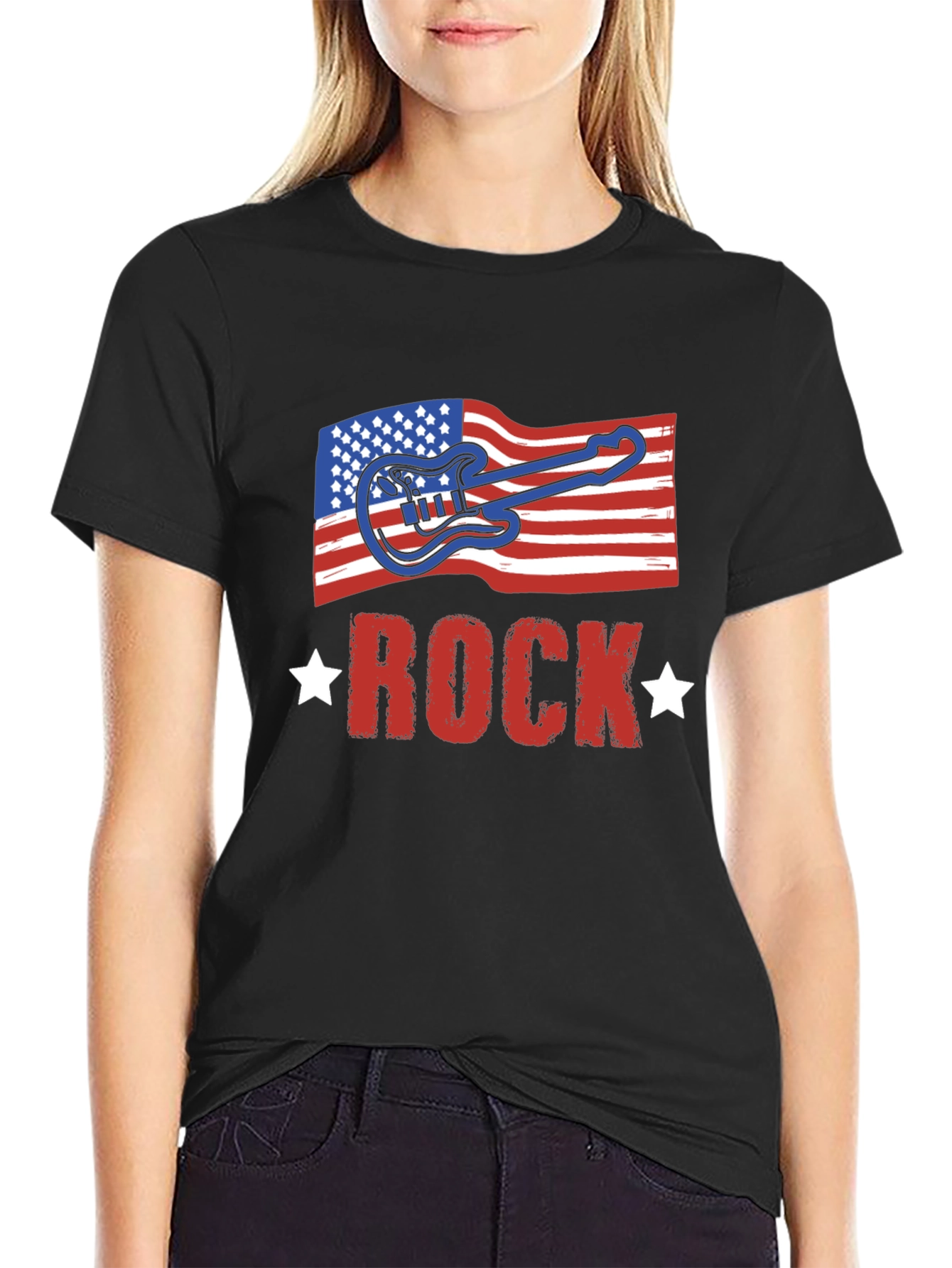 American Flag Rock Guitar Black T-Shirt